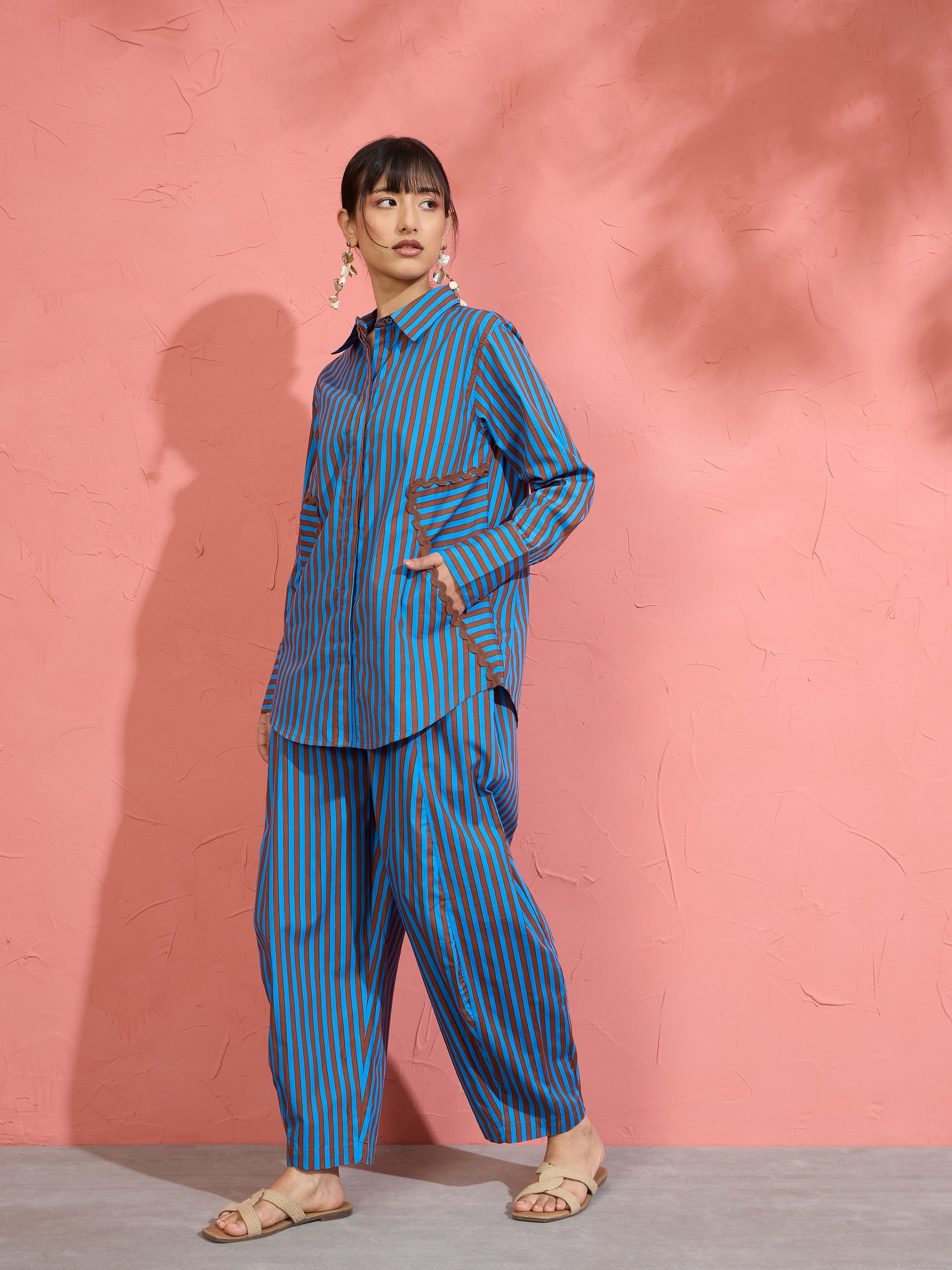 Women Blue & Brown Stripe Shirt With Balloon Pants