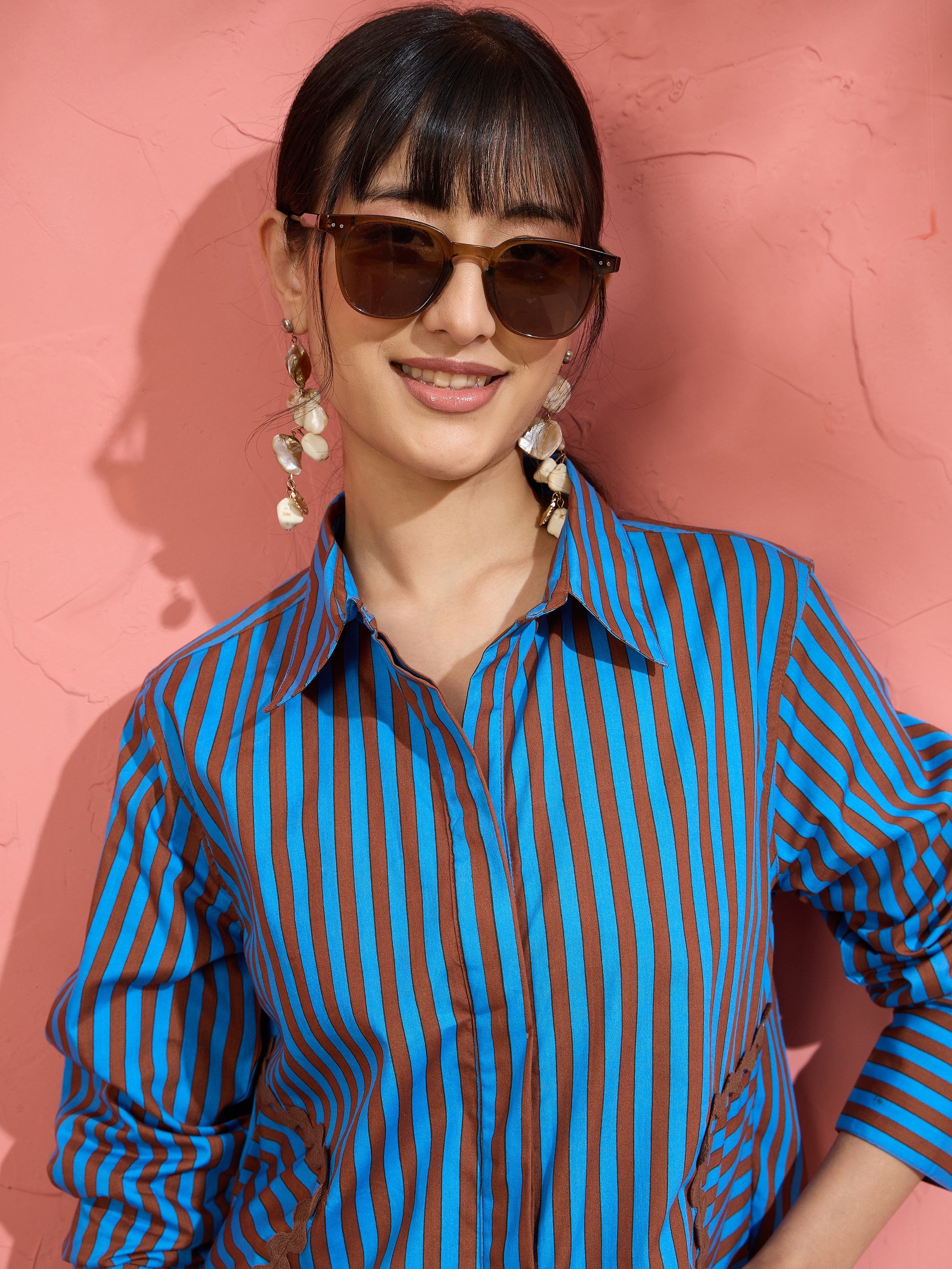 Women Blue & Brown Stripe Shirt With Balloon Pants