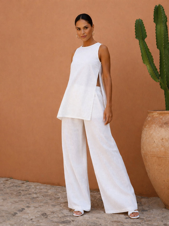 Women White Long Line Top With Straight Wide Leg Pants