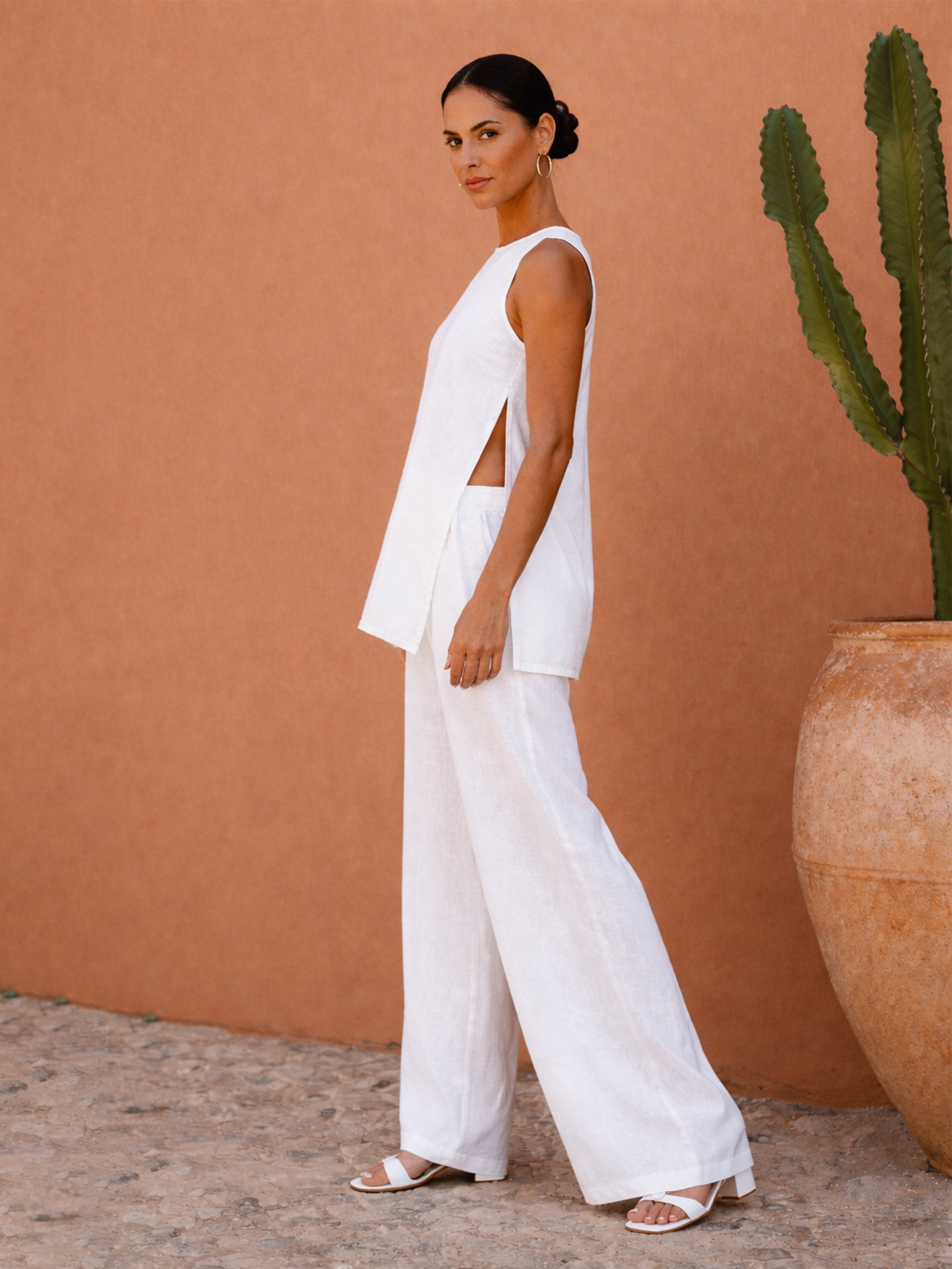 Women White Long Line Top With Straight Wide Leg Pants