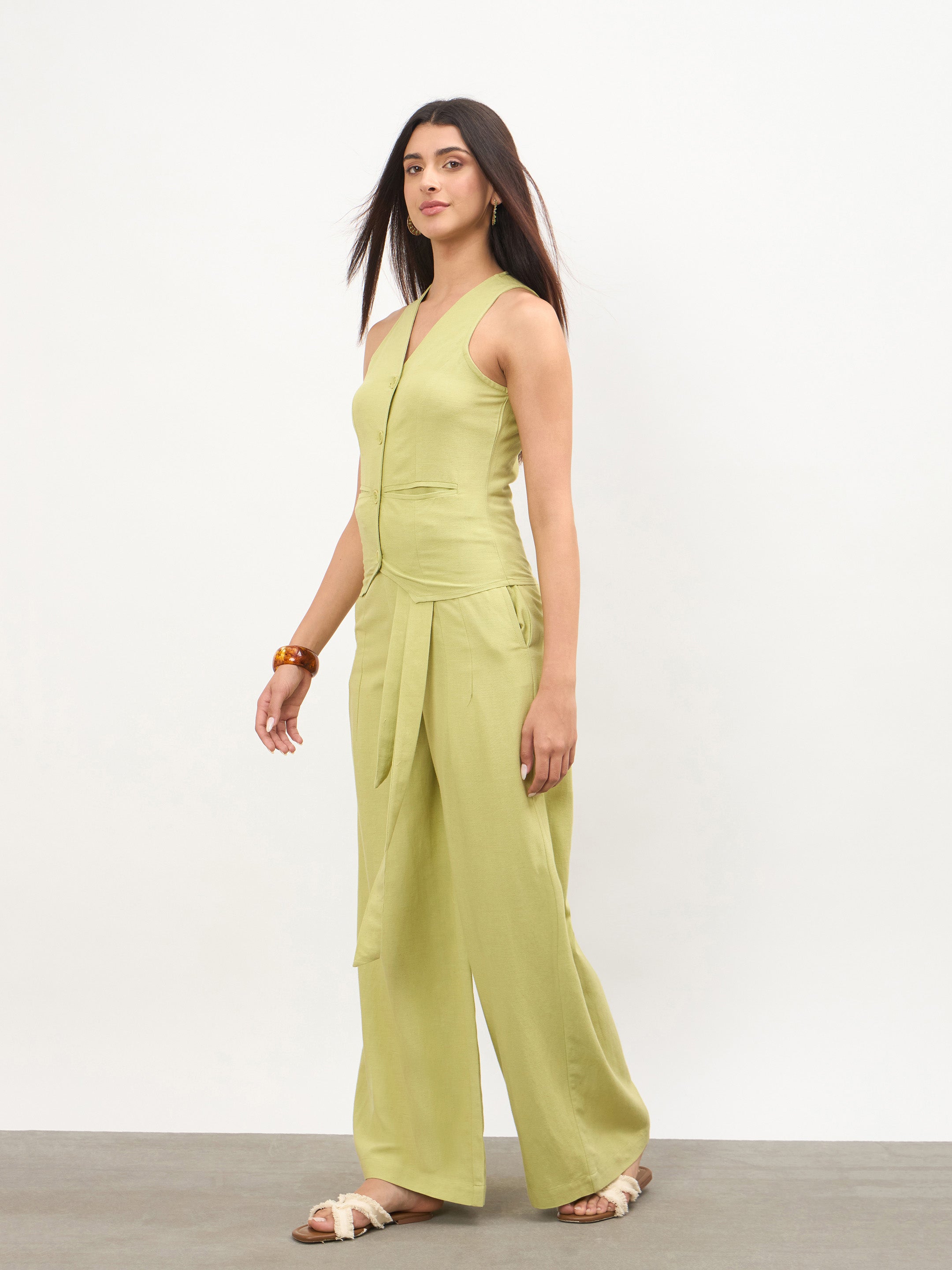 Women Green Vest Top With Belted Straight Pants