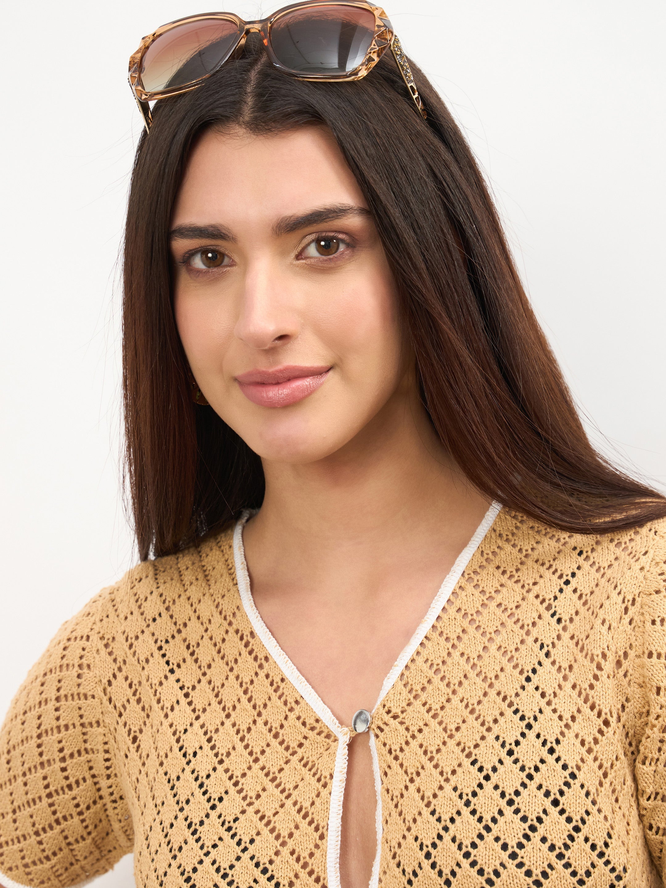 Women Beige Front Button Oversize Top With Shorts