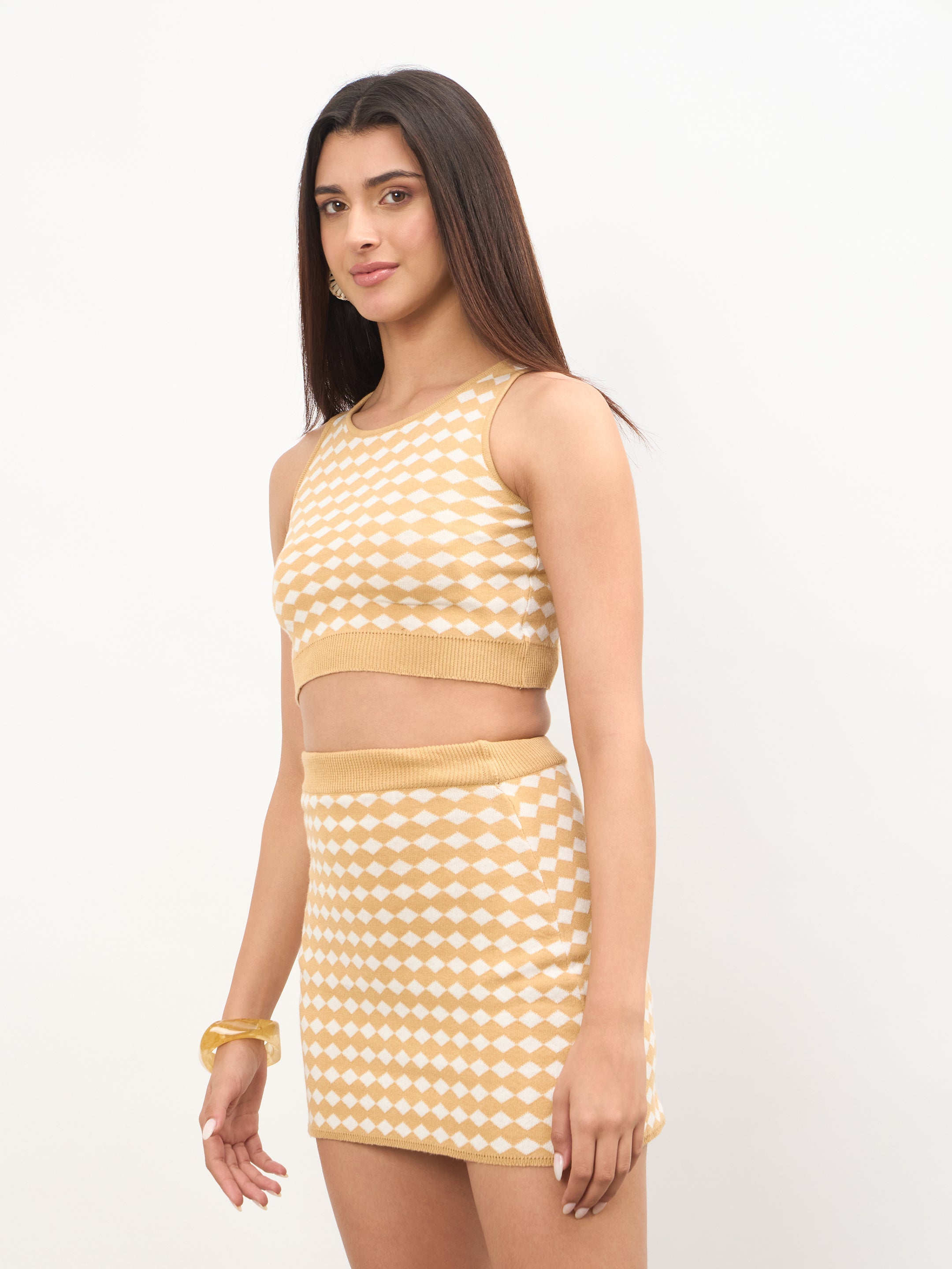 Women Beige & White Round Neck Crop Top With Mini Skirt