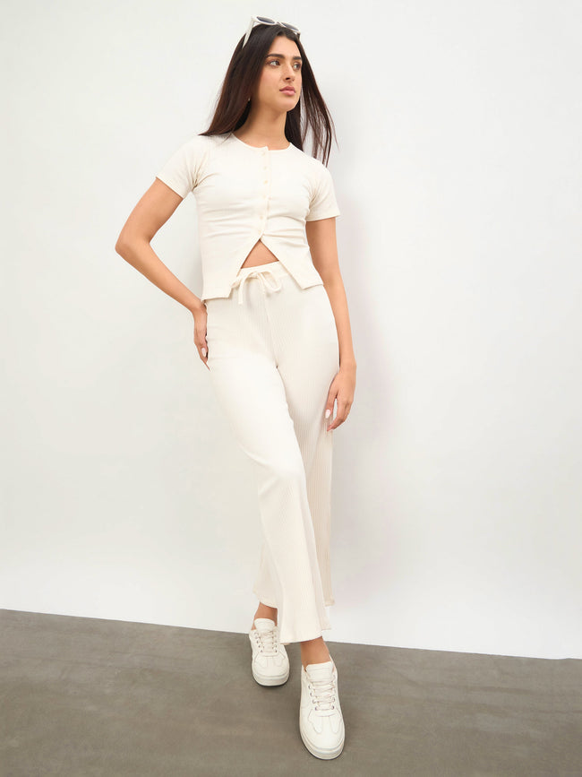 Women Off-White Round Neck Button Down Top With Drawstring Pants