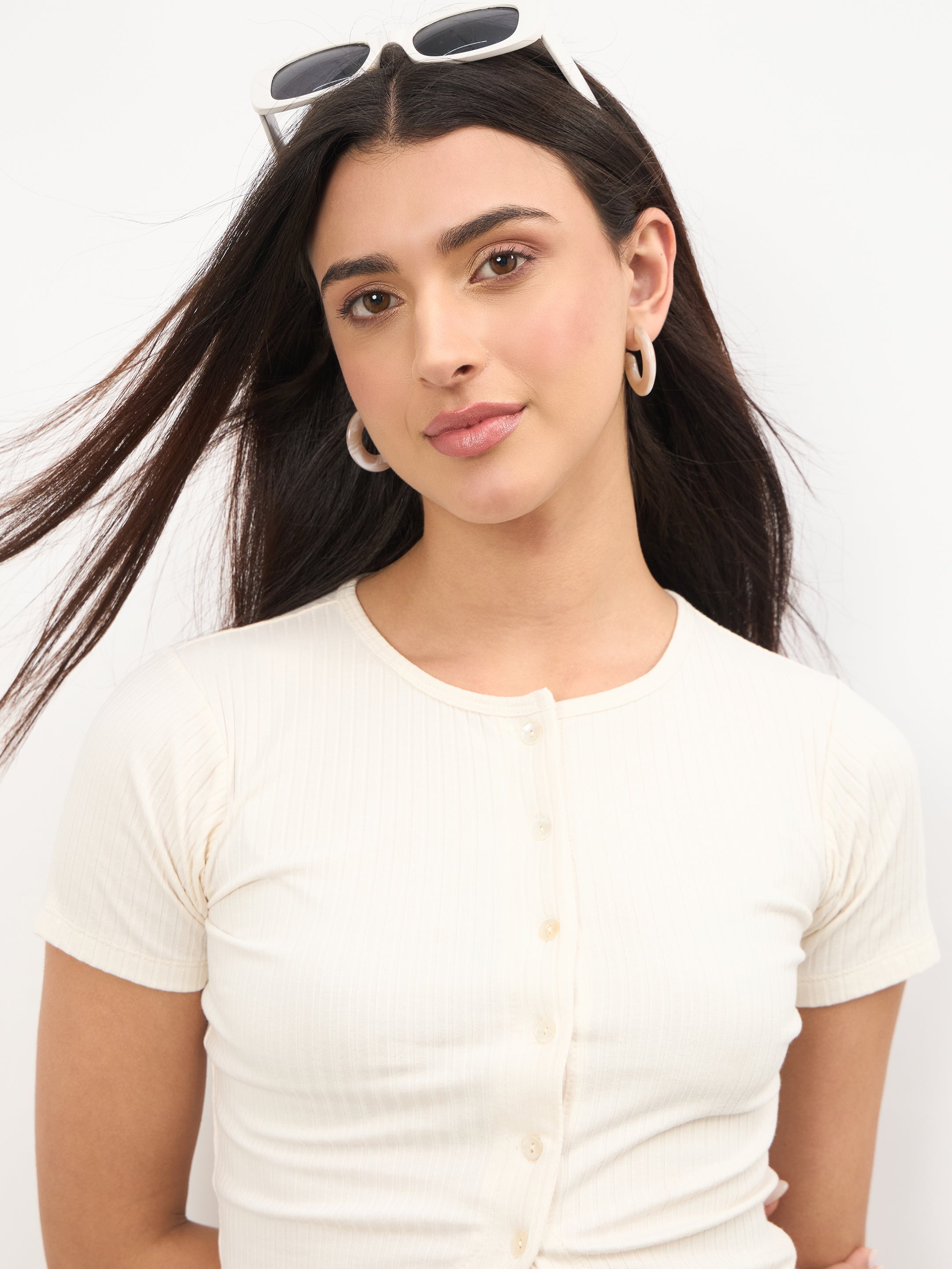 Women Off-White Round Neck Button Down Top With Drawstring Pants