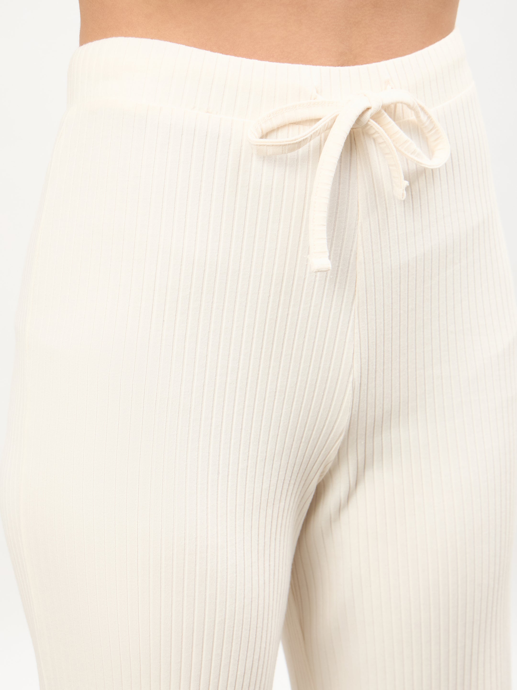 Women Off-White Round Neck Button Down Top With Drawstring Pants