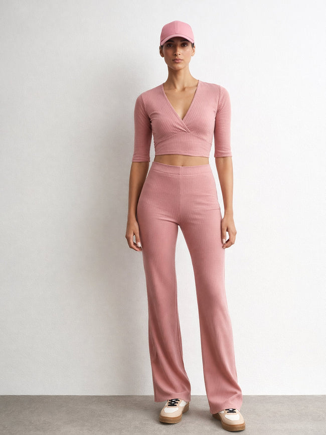 Women Pink V-Neck Crop Top With Elasticated Pants