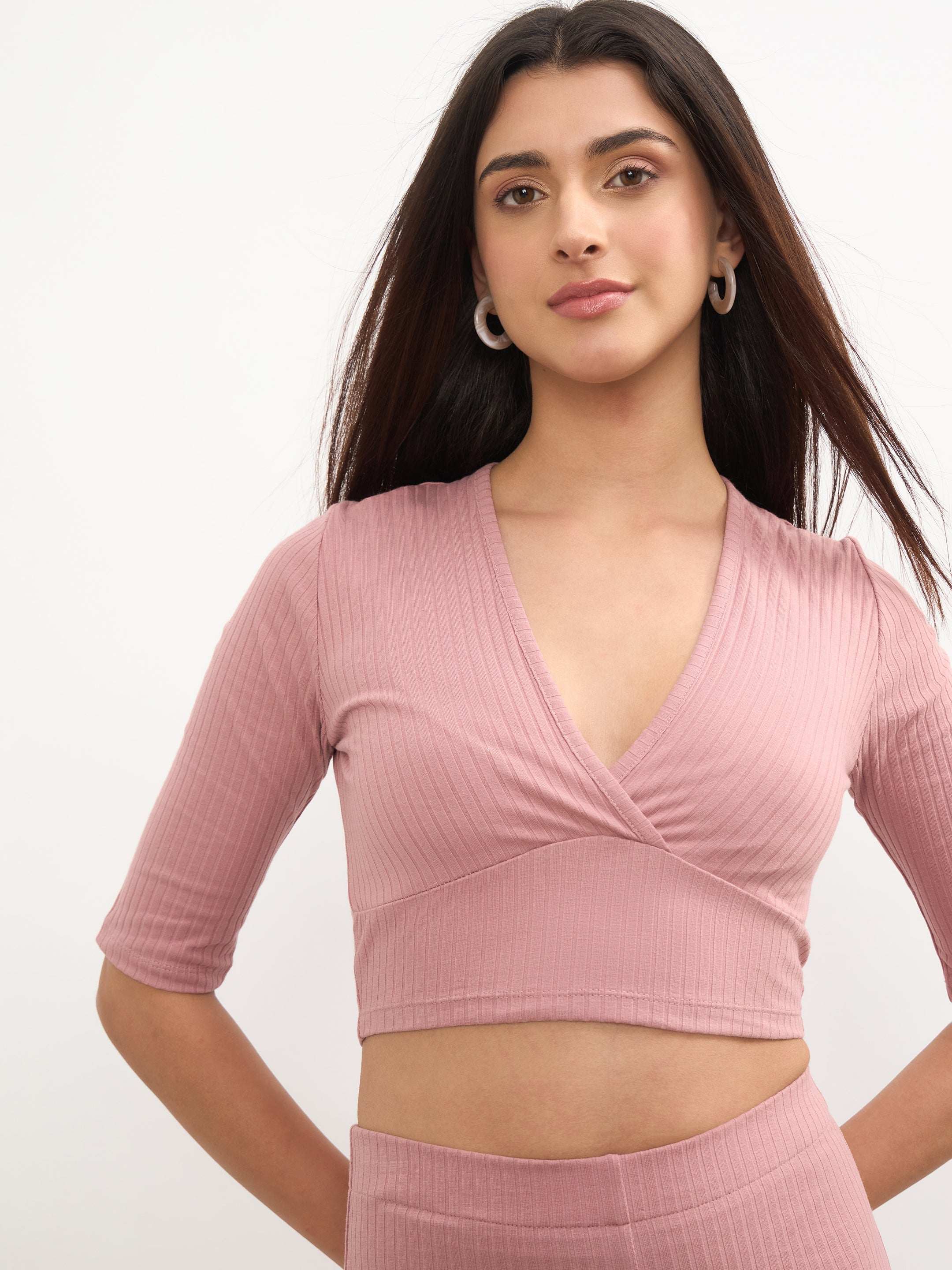 Women Pink V-Neck Crop Top With Elasticated Pants