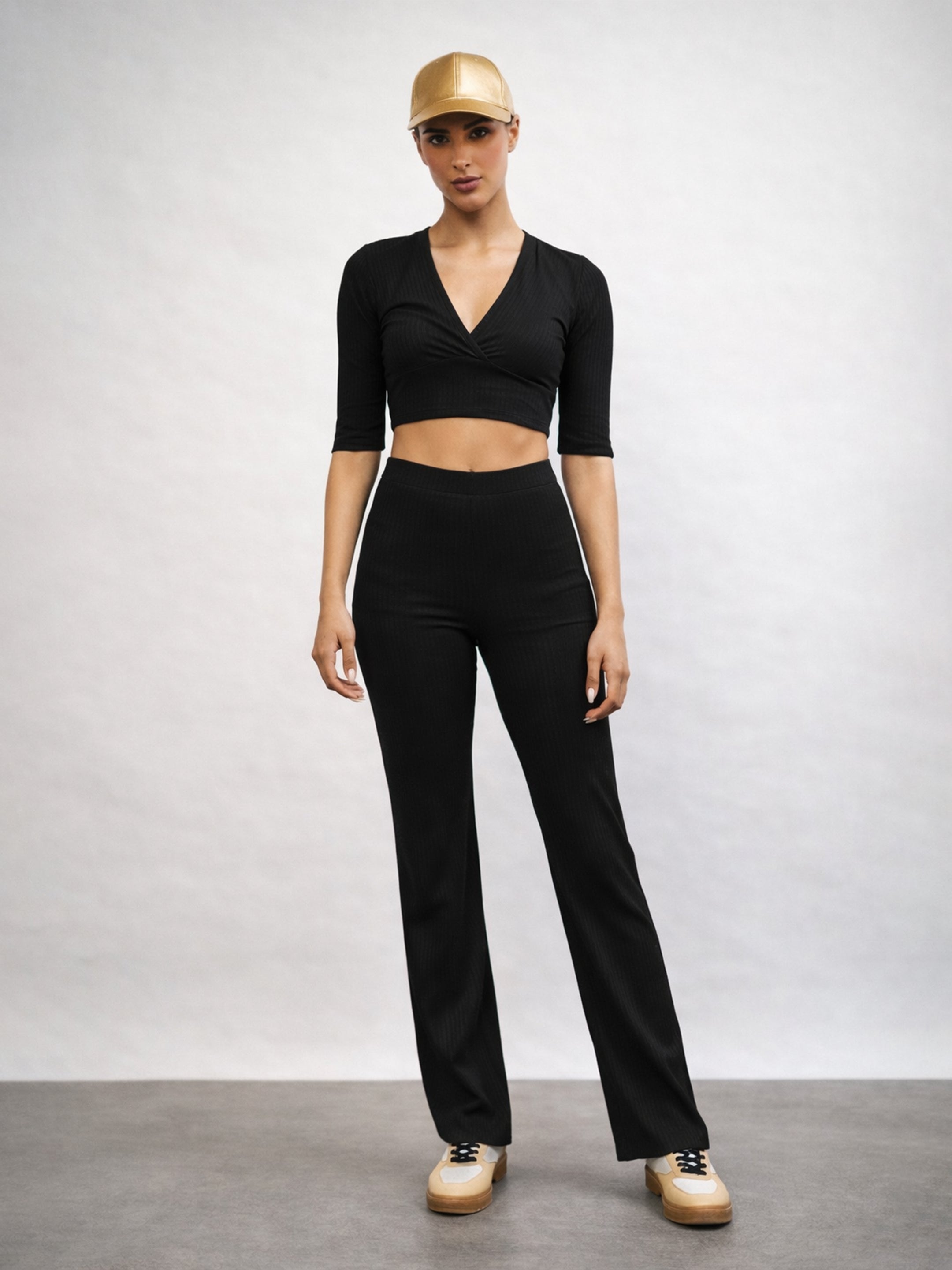 Women Black V-Neck Crop Top With Elasticated Pants
