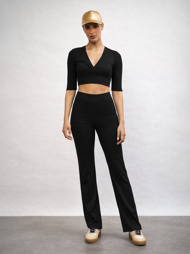 Women Black V-Neck Crop Top With Elasticated Pants