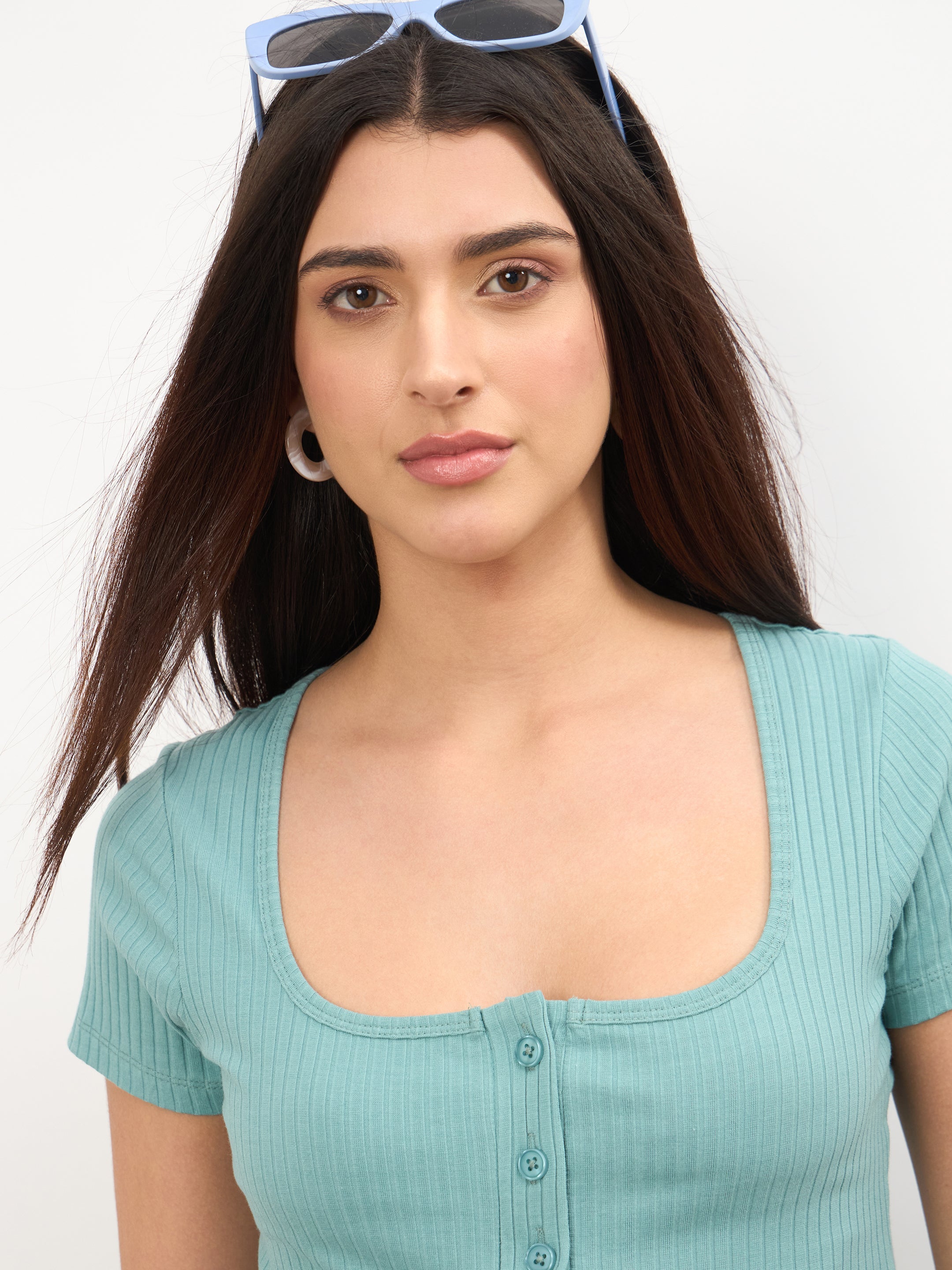 Women Sea Green Square-Neck Regular Top With Straight Pants