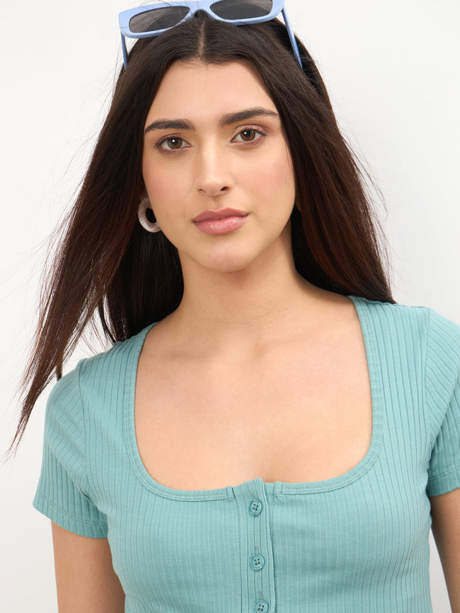 Women Sea Green Square-Neck Regular Top With Straight Pants