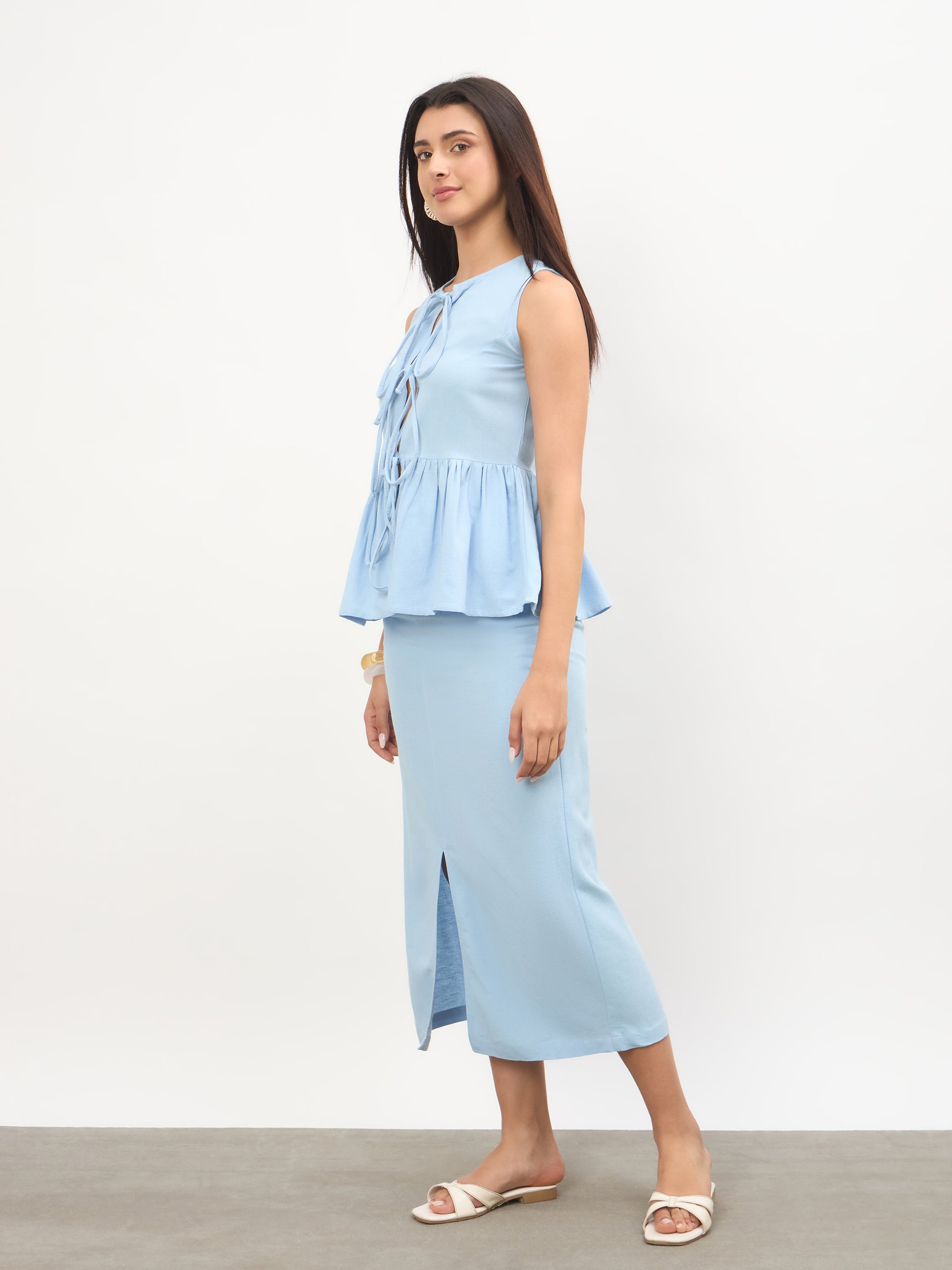 Women Blue Front Knot Peplum Top With Straight Skirt