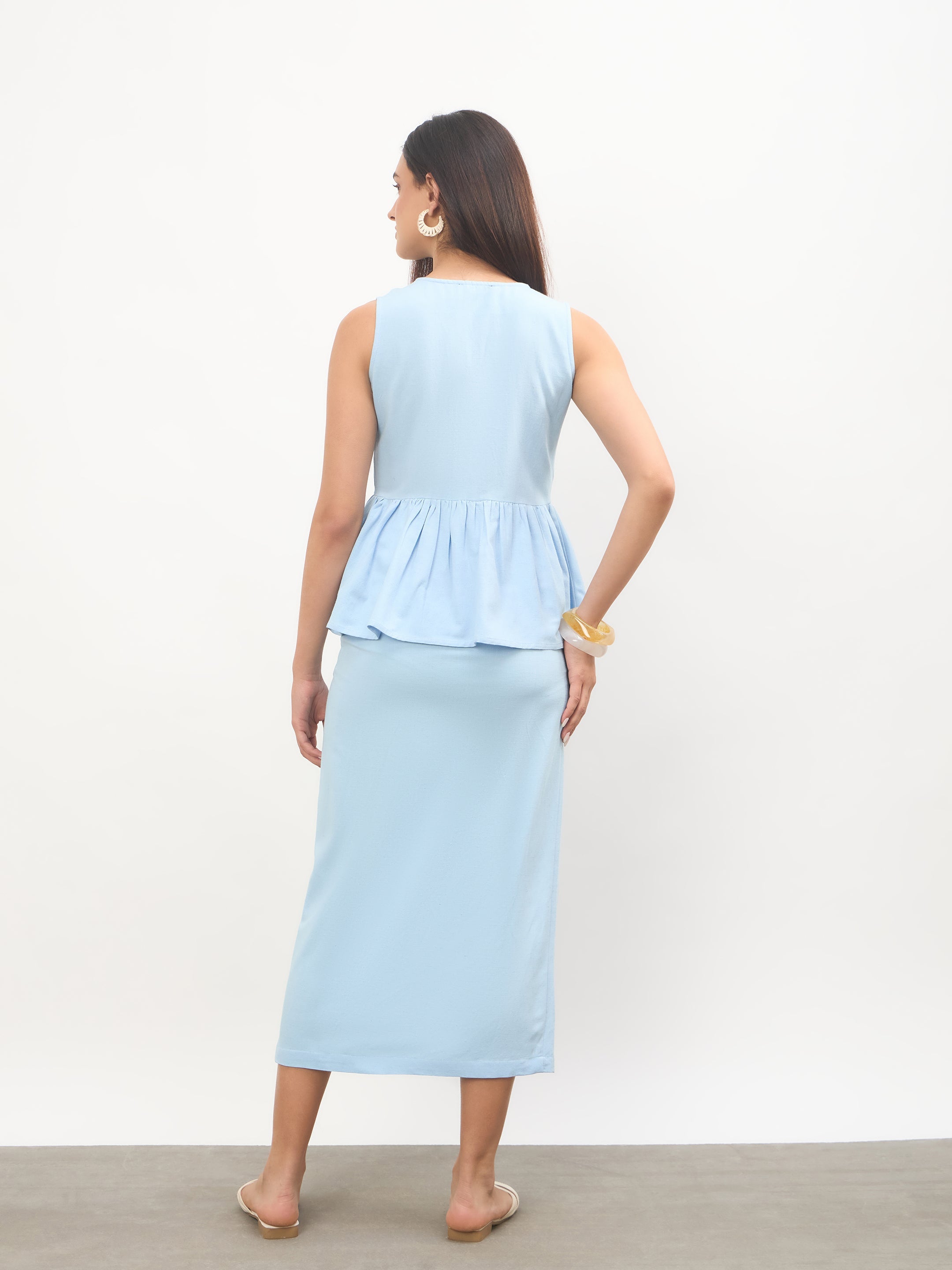 Women Blue Front Knot Peplum Top With Straight Skirt