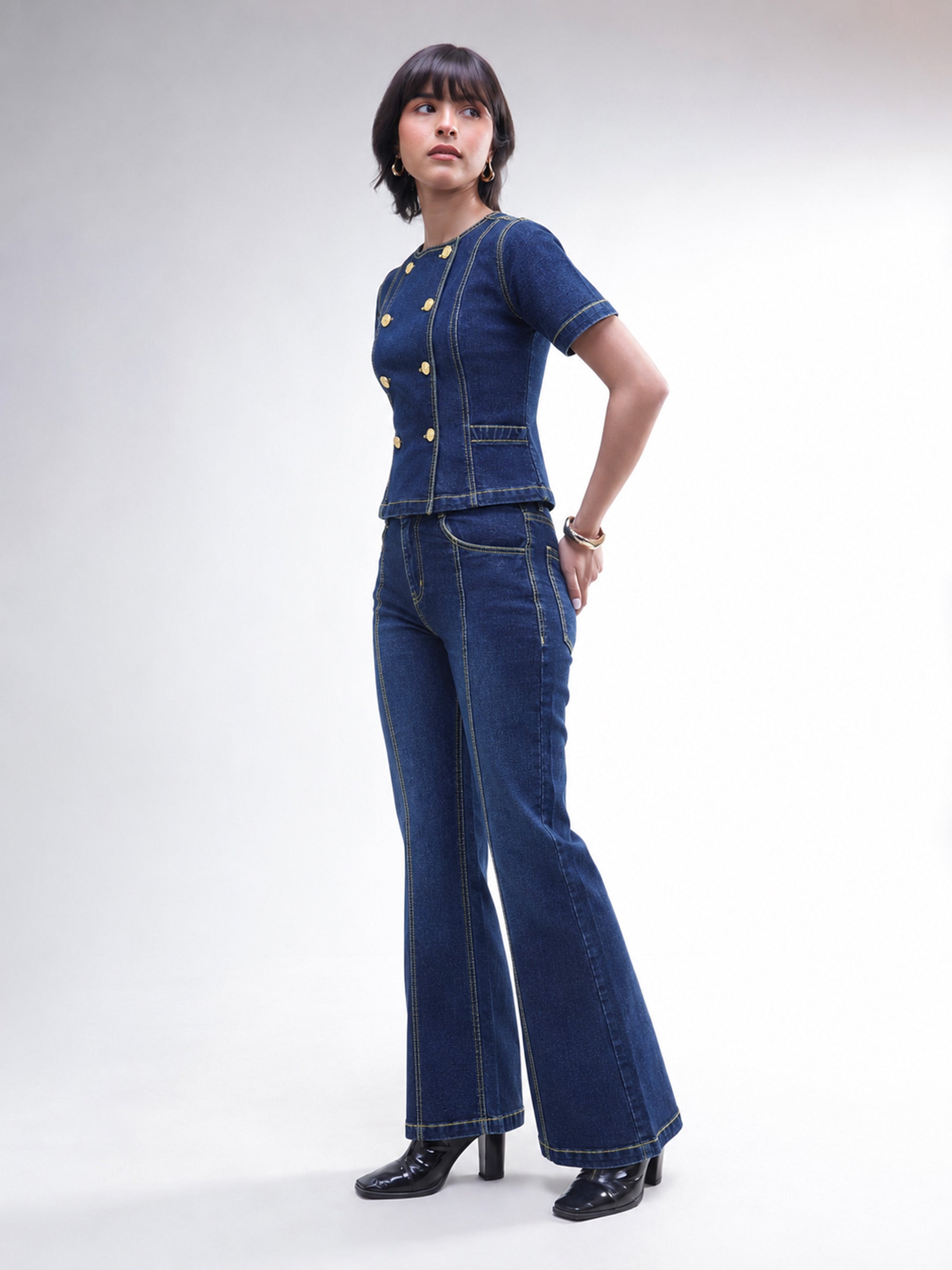 Women Navy Denim Button Down Top With Bell Bottom Jeans