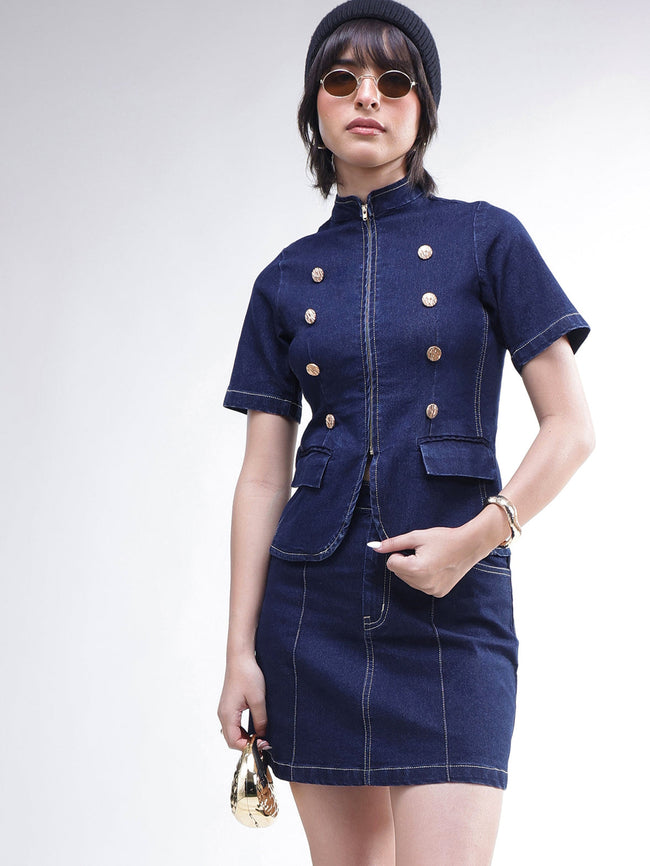 Women Navy Denim Front Zipper Top With Mini Skirt