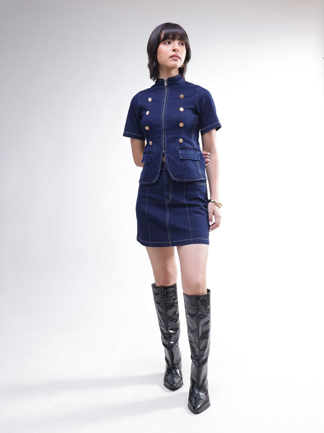 Women Navy Denim Front Zipper Top With Mini Skirt