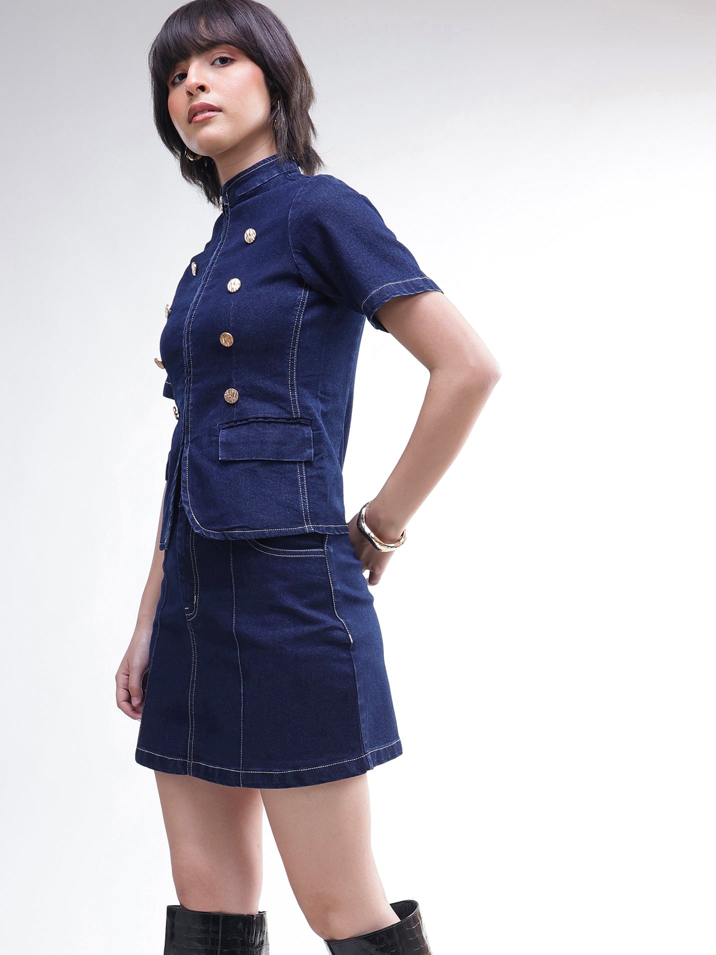Women Navy Denim Front Zipper Top With Mini Skirt