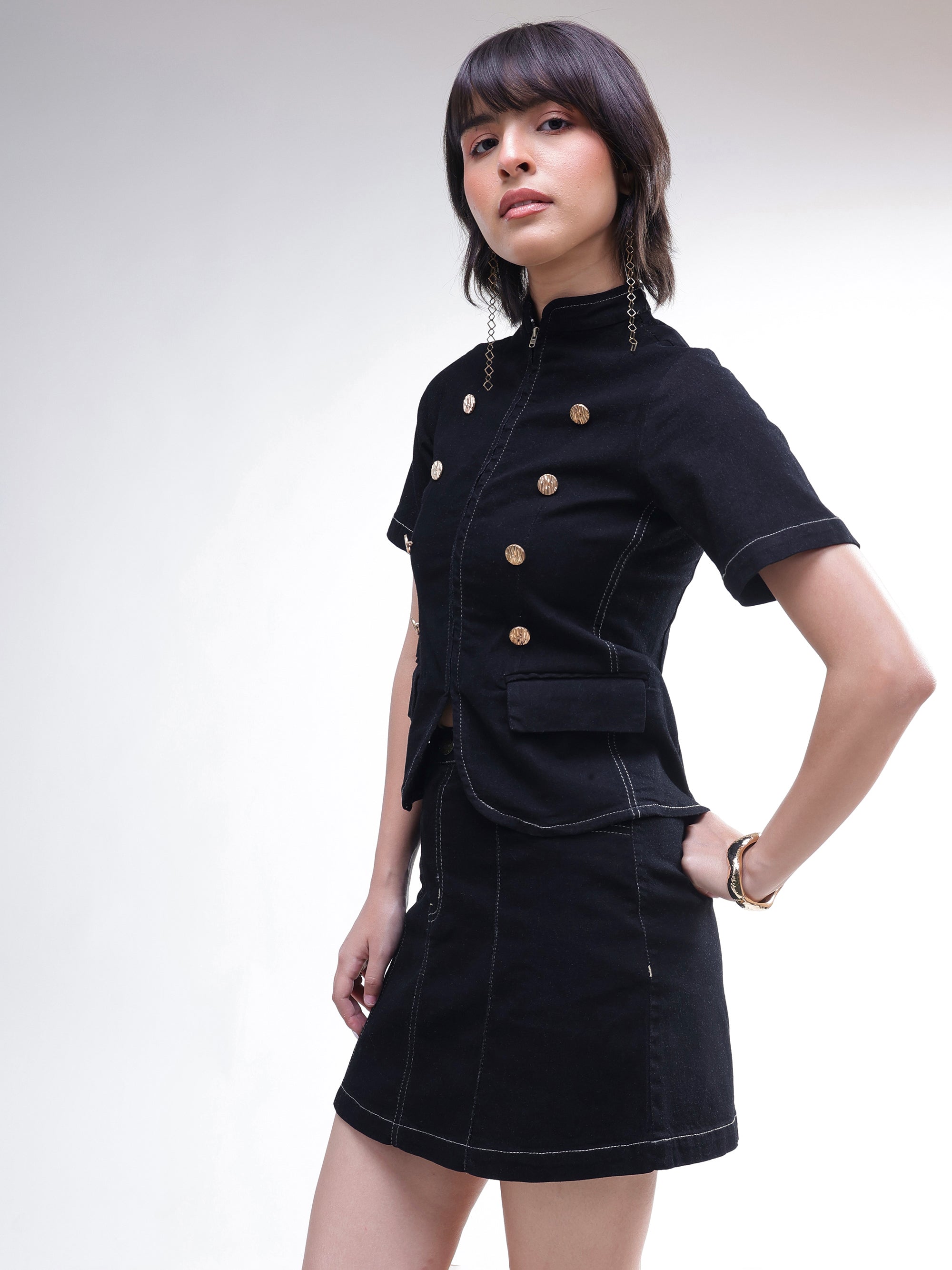Women Black Denim Front Zipper Top With Mini Skirt