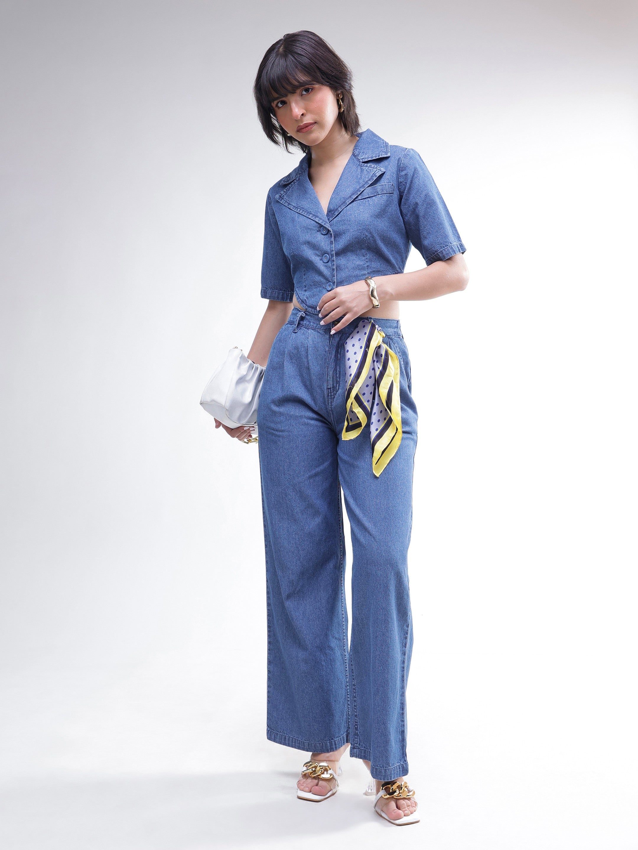 Women Blue Back Cut-Out Crop Top With Straight Jeans