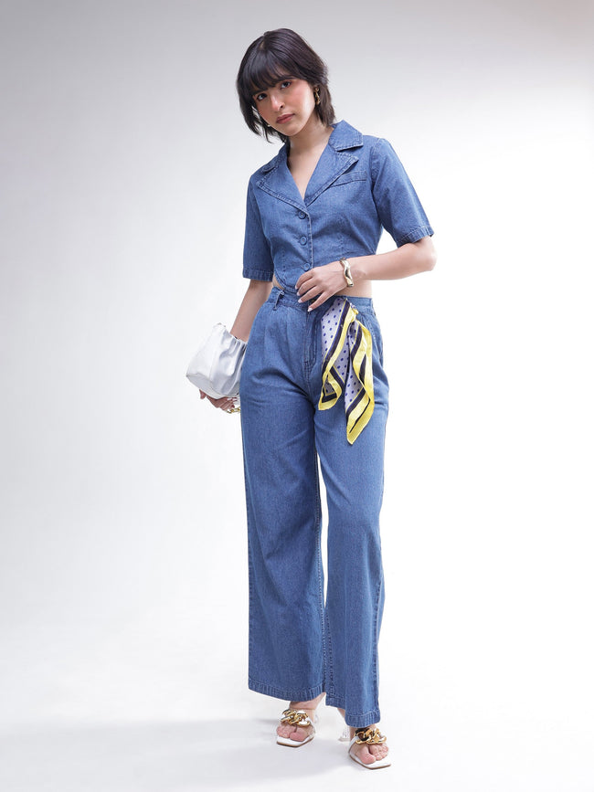Women Blue Back Cut-Out Crop Top With Straight Jeans