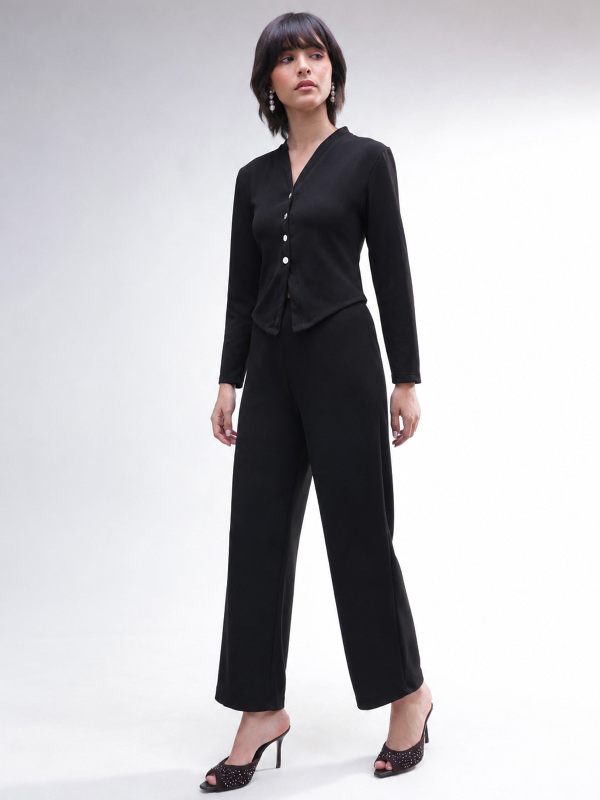 Women Black Button Down Full Sleeve Top with Track Pants