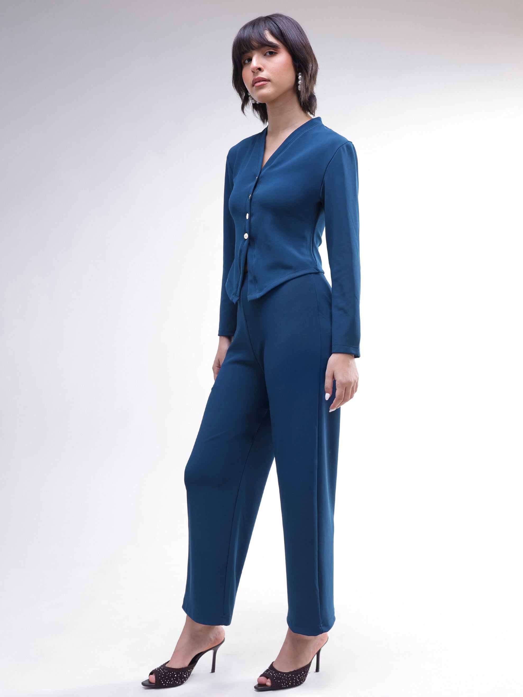 Women Navy Button Down Full Sleeve Top With Track Pants