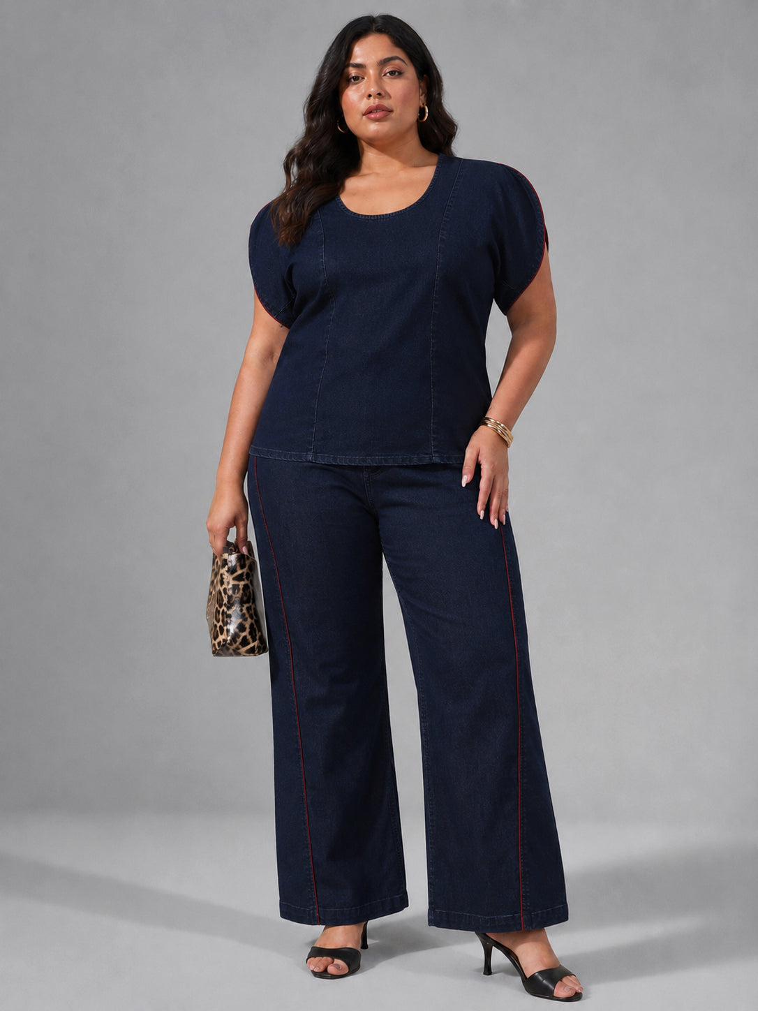 Women Navy Wash Denim Top With Flared Jeans