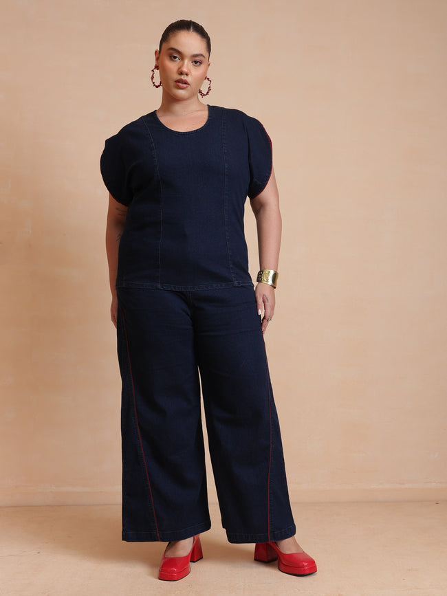 Women Navy Wash Denim Top With Flared Jeans