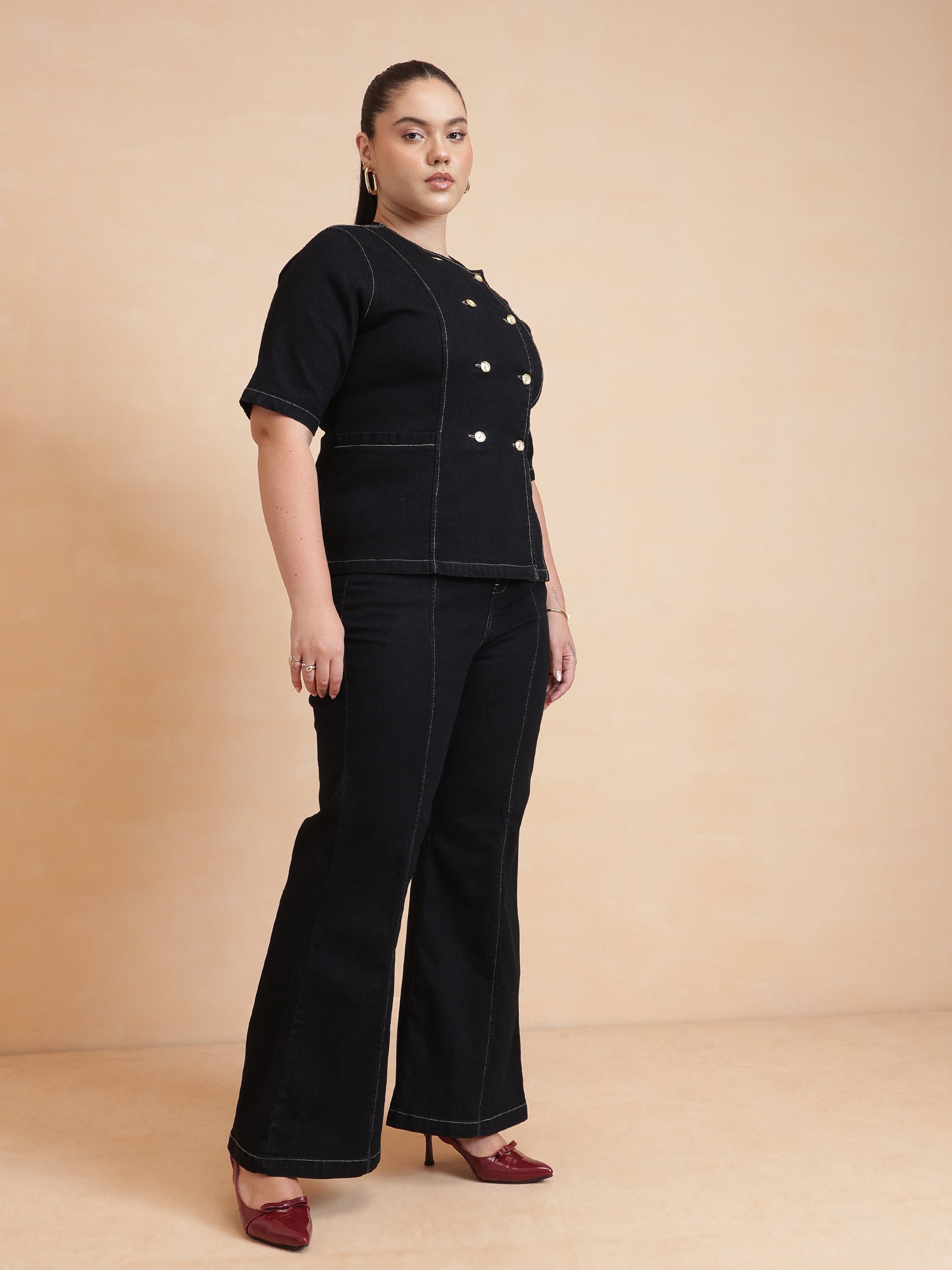 Women Black Front Button Top With Bell Bottom Jeans