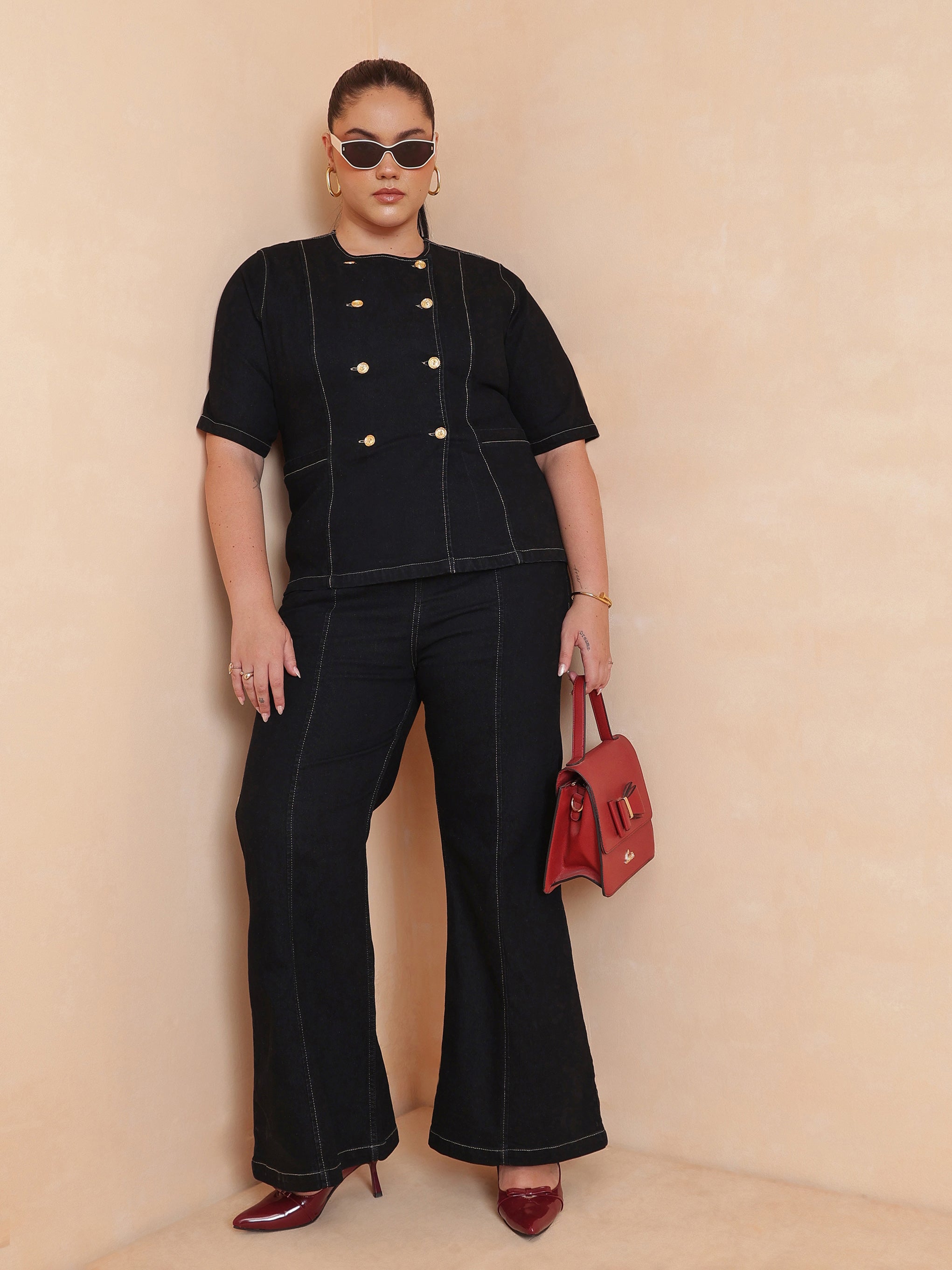 Women Black Front Button Top With Bell Bottom Jeans