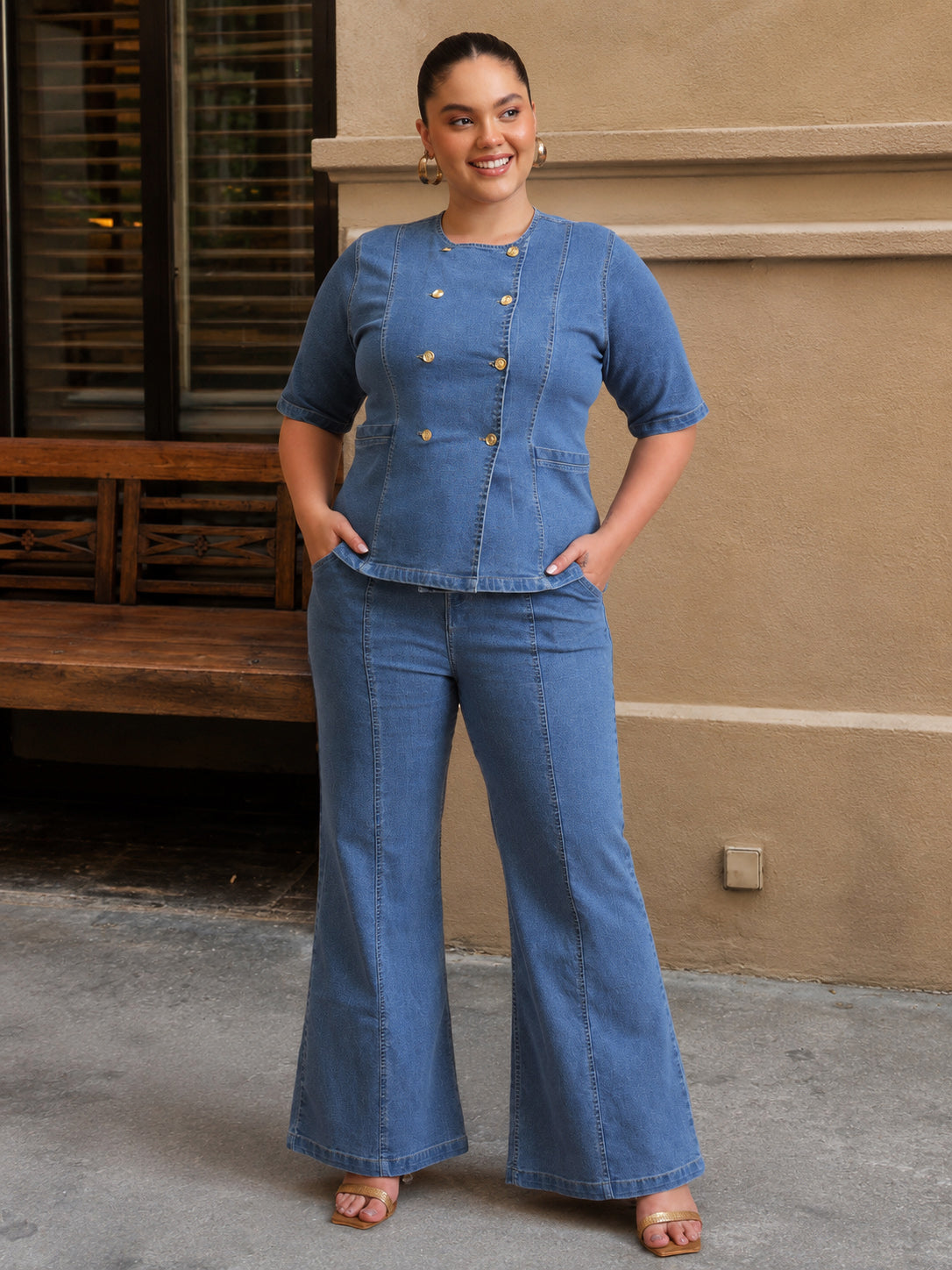 Women Blue Front Button Top With Bell Bottom Jeans