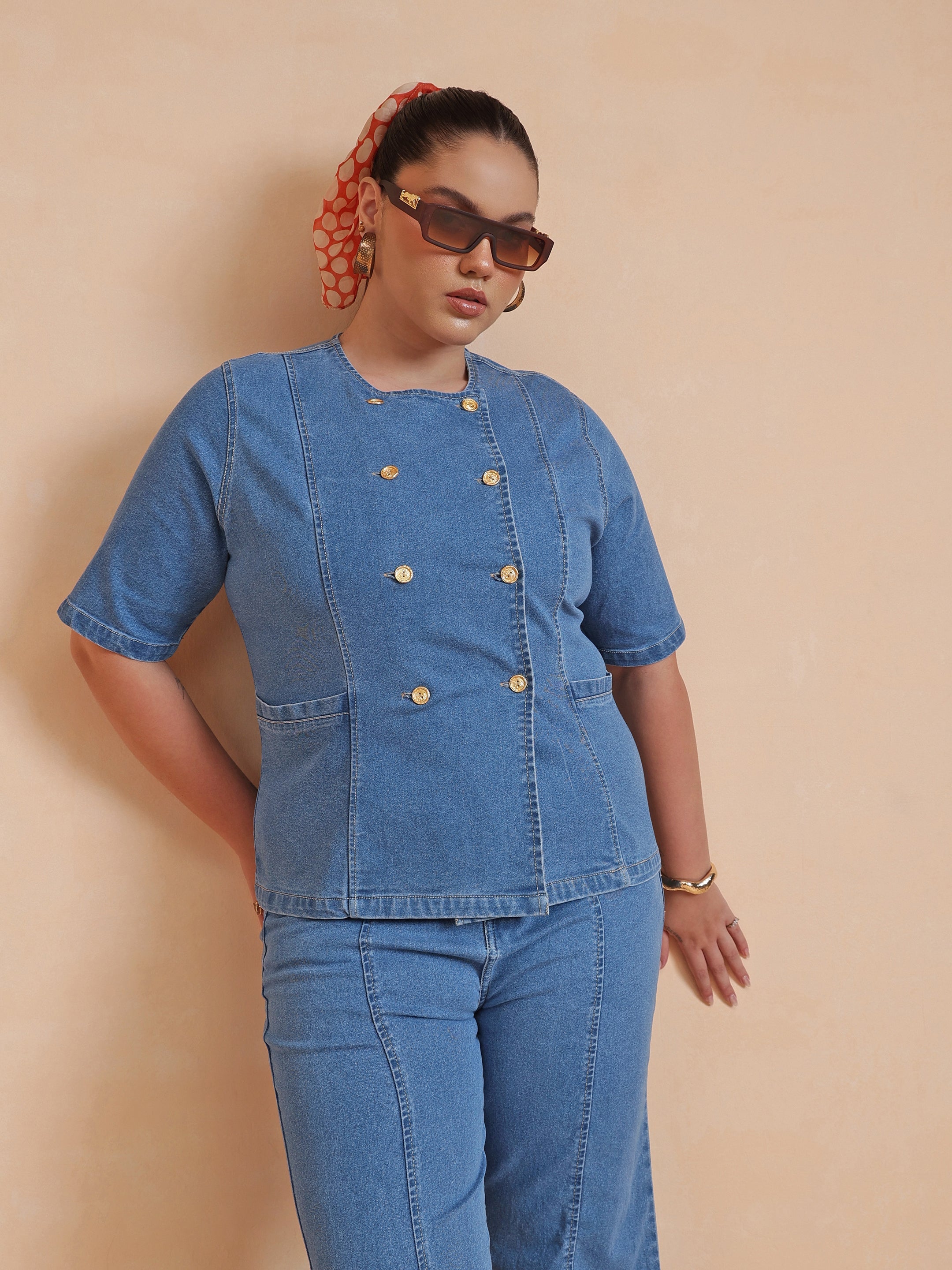Women Blue Front Button Top With Bell Bottom Jeans