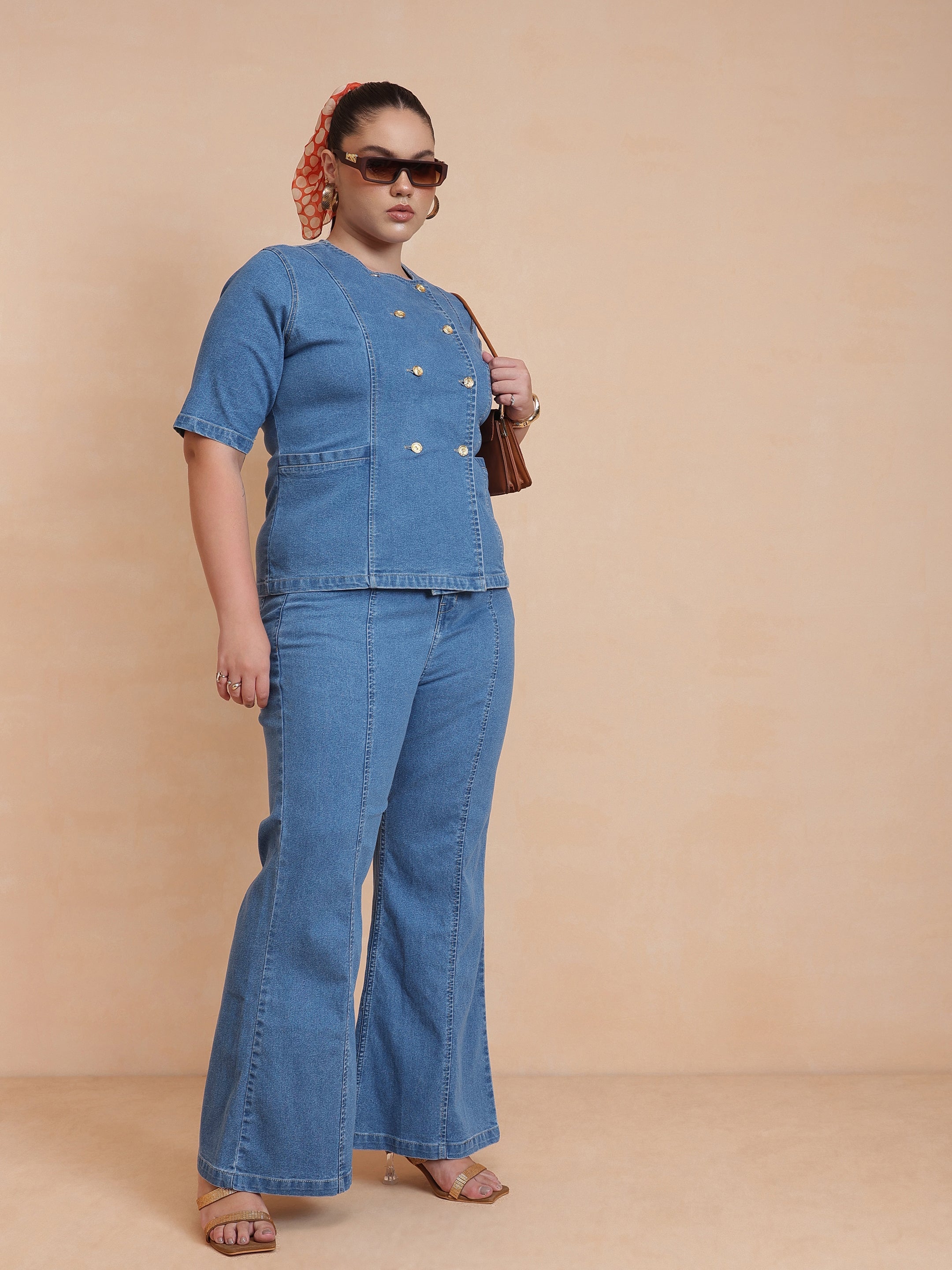 Women Blue Front Button Top With Bell Bottom Jeans