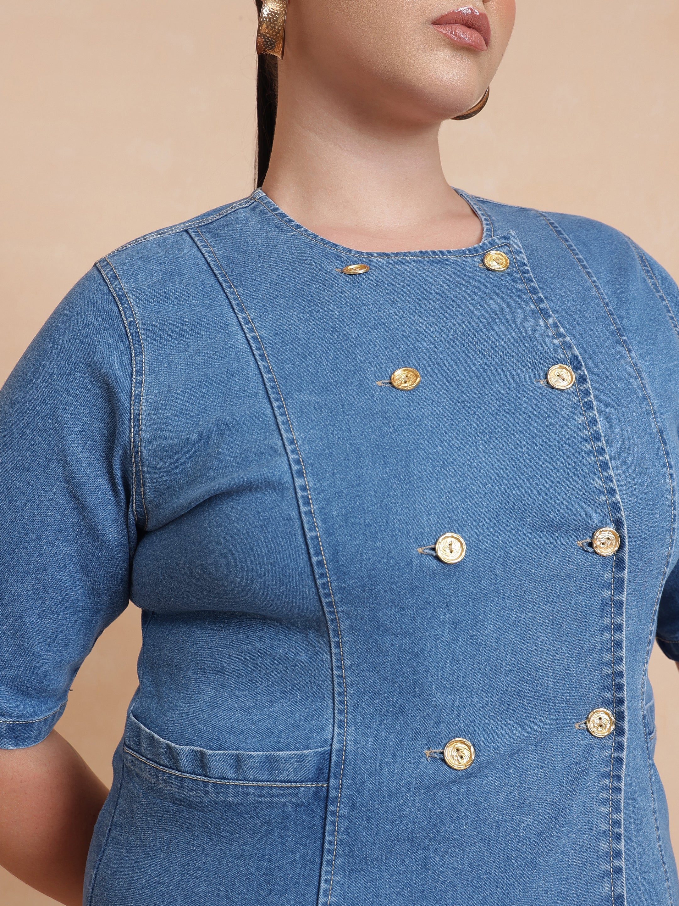 Women Blue Front Button Top With Bell Bottom Jeans