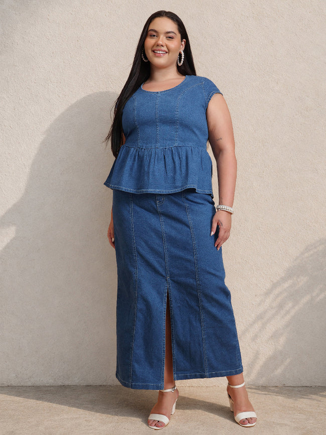 Women Blue Peplum Top With Denim Midi Skirt