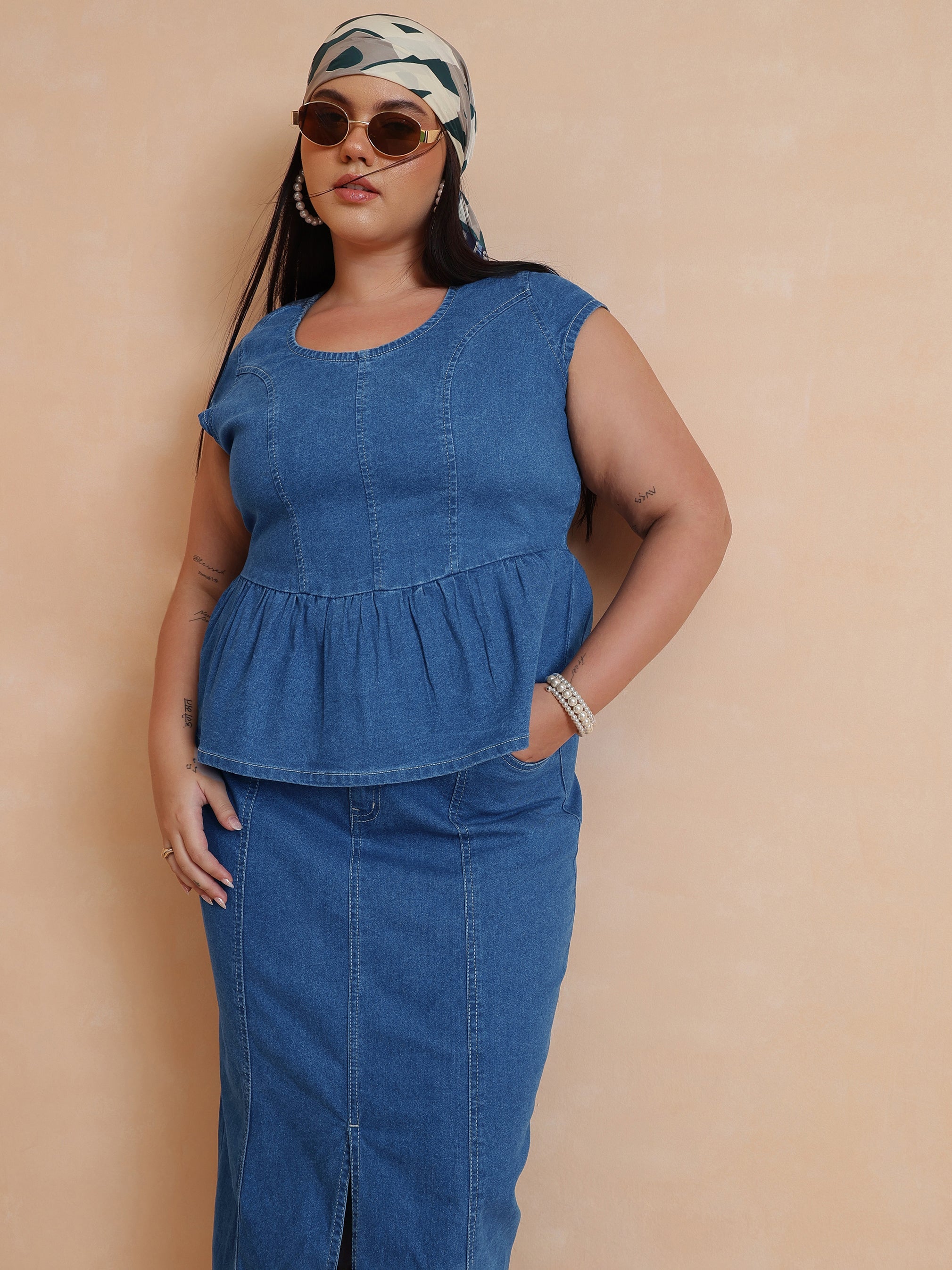 Women Blue Peplum Top With Denim Midi Skirt