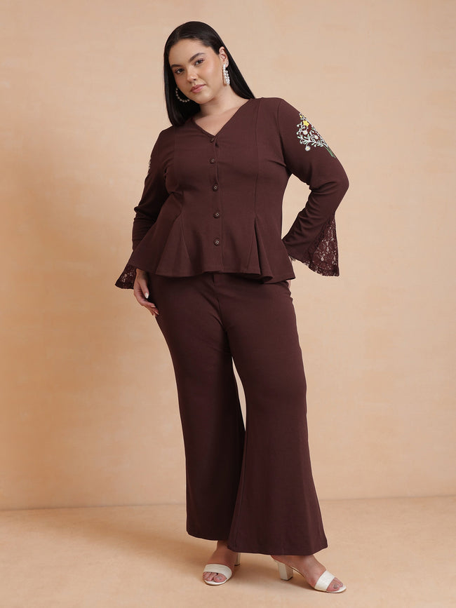 Women Brown Front Button Top With Bell Bottom Pants