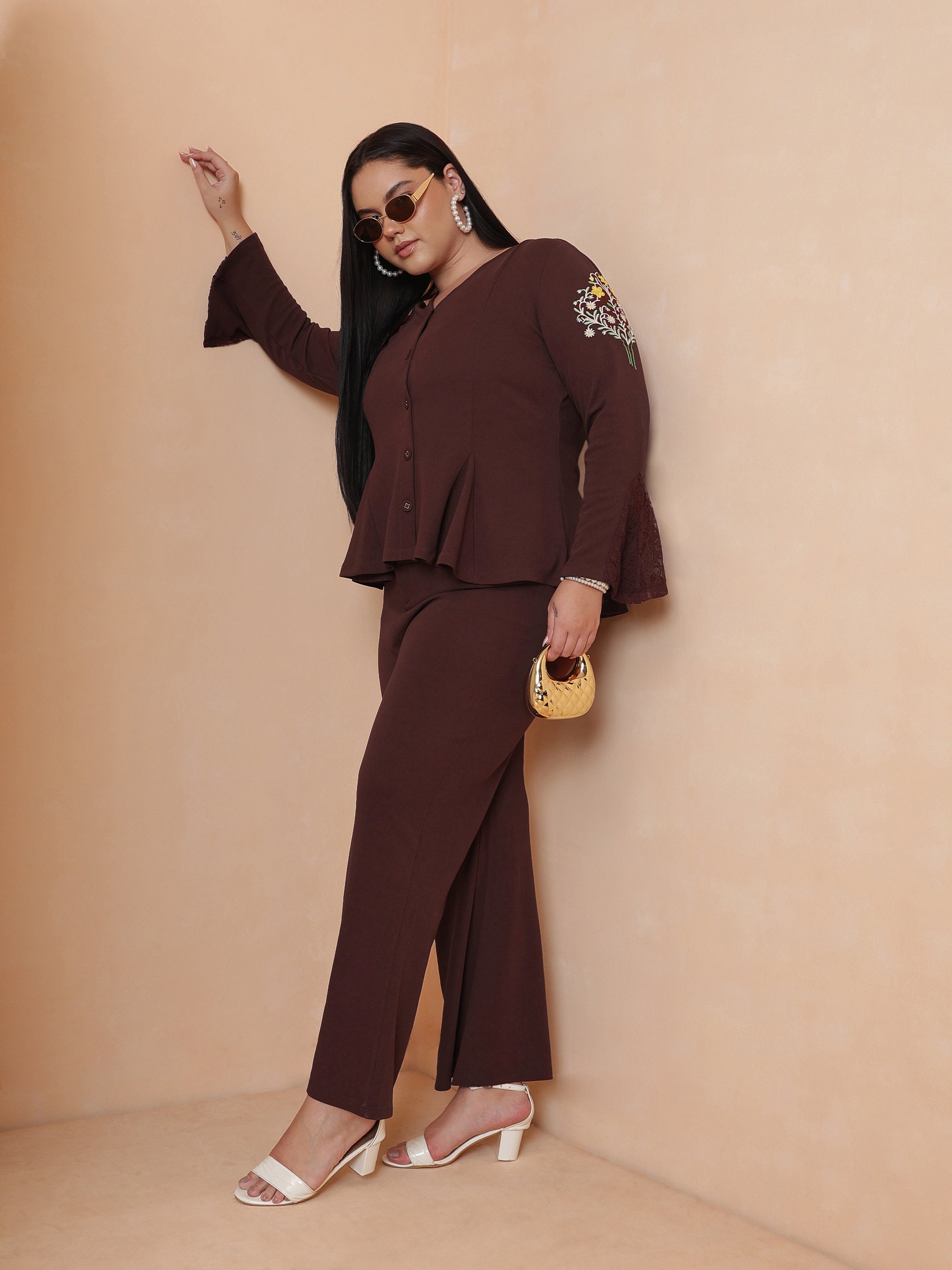 Women Brown Front Button Top With Bell Bottom Pants