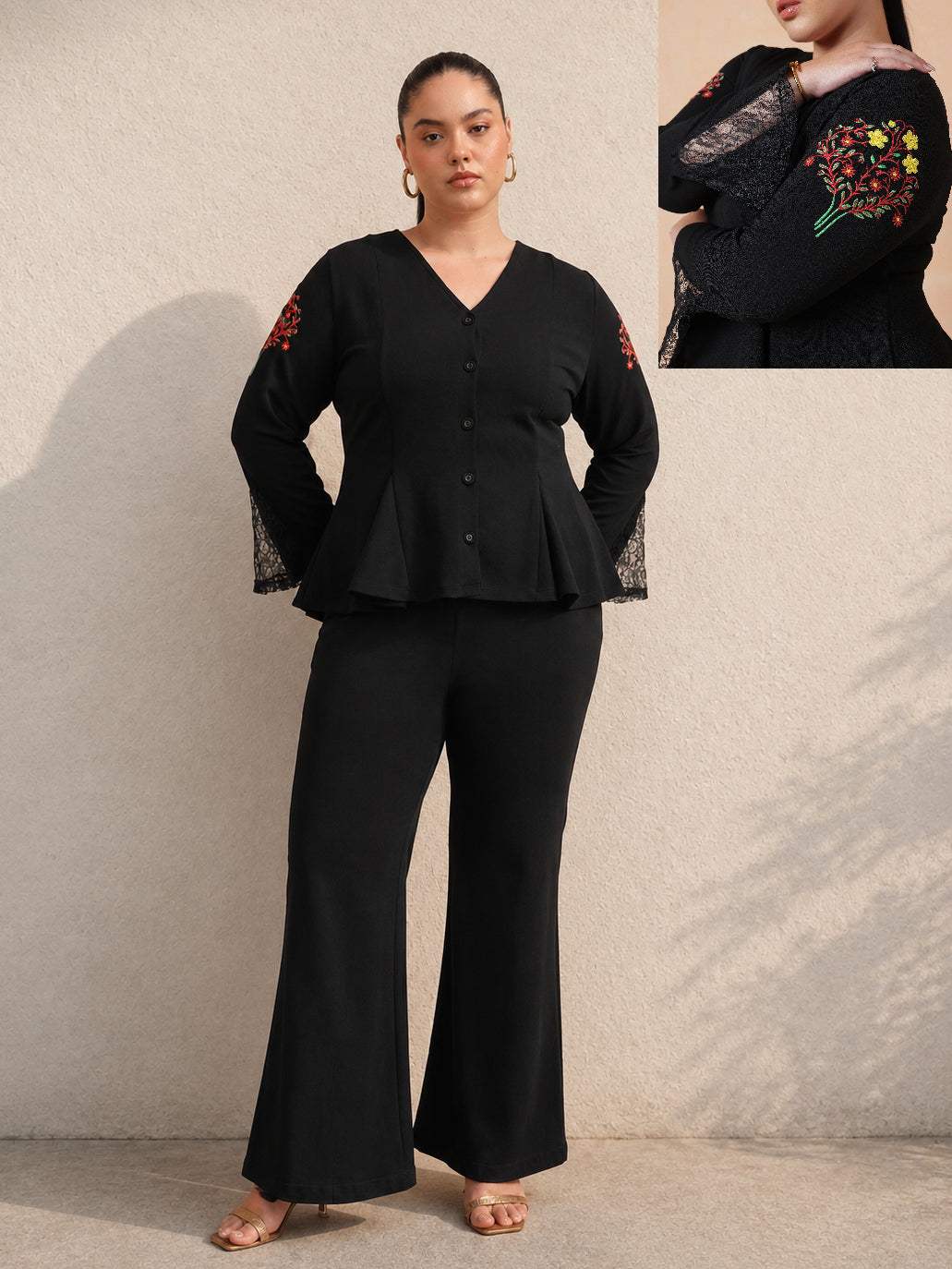 Women Black Front Button Top With Bell Bottom Pants