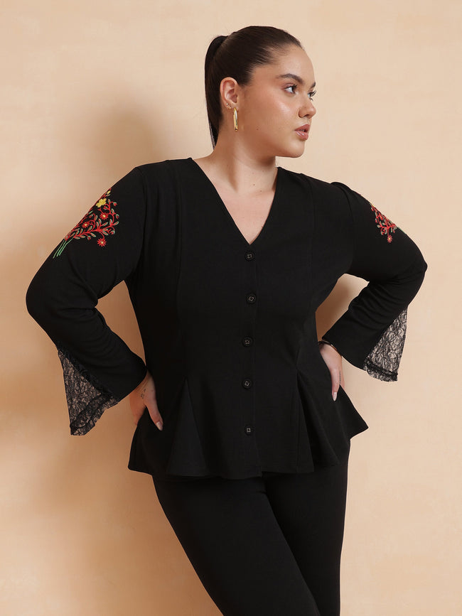 Women Black Front Button Top With Bell Bottom Pants