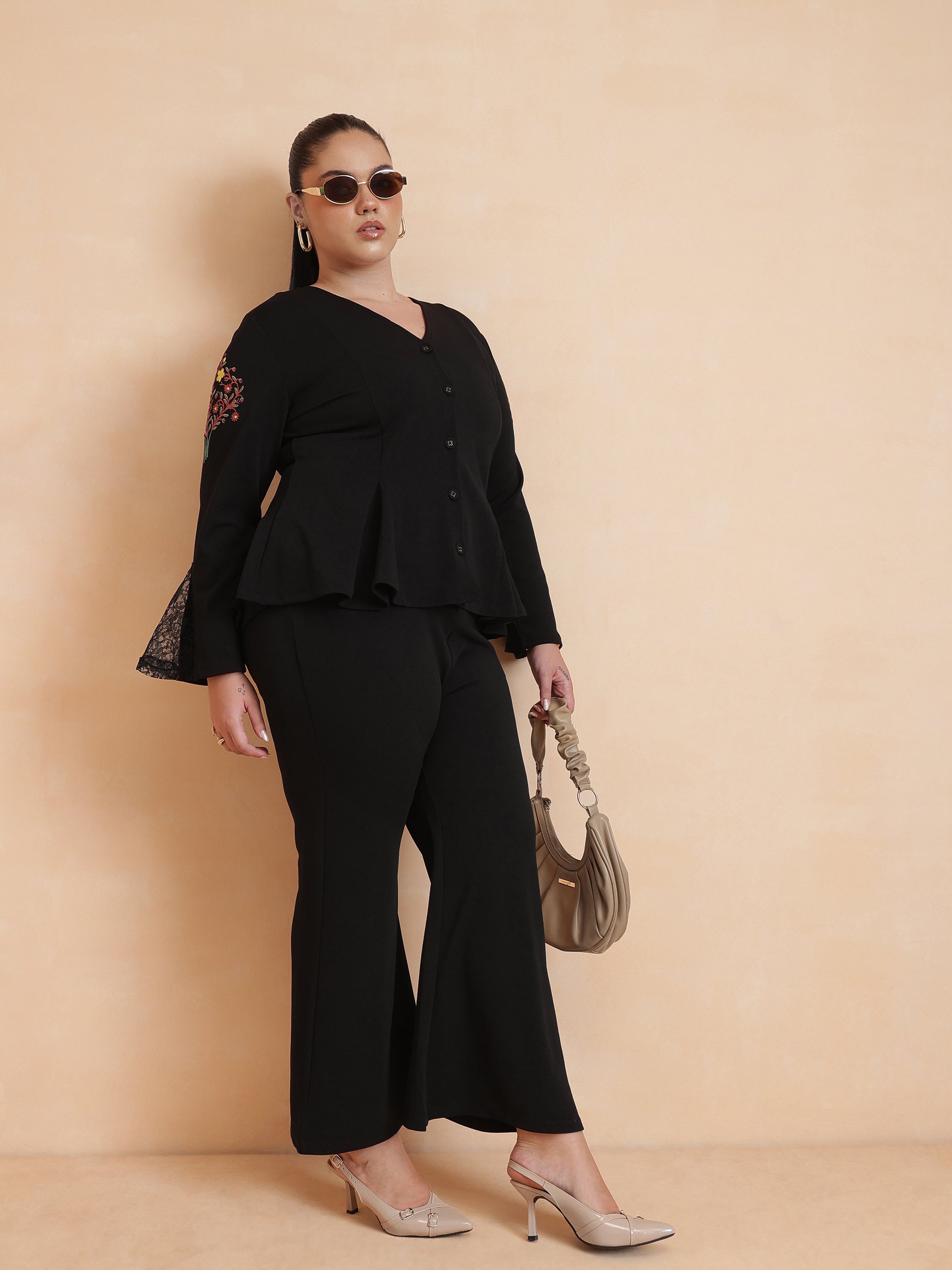 Women Black Front Button Top With Bell Bottom Pants