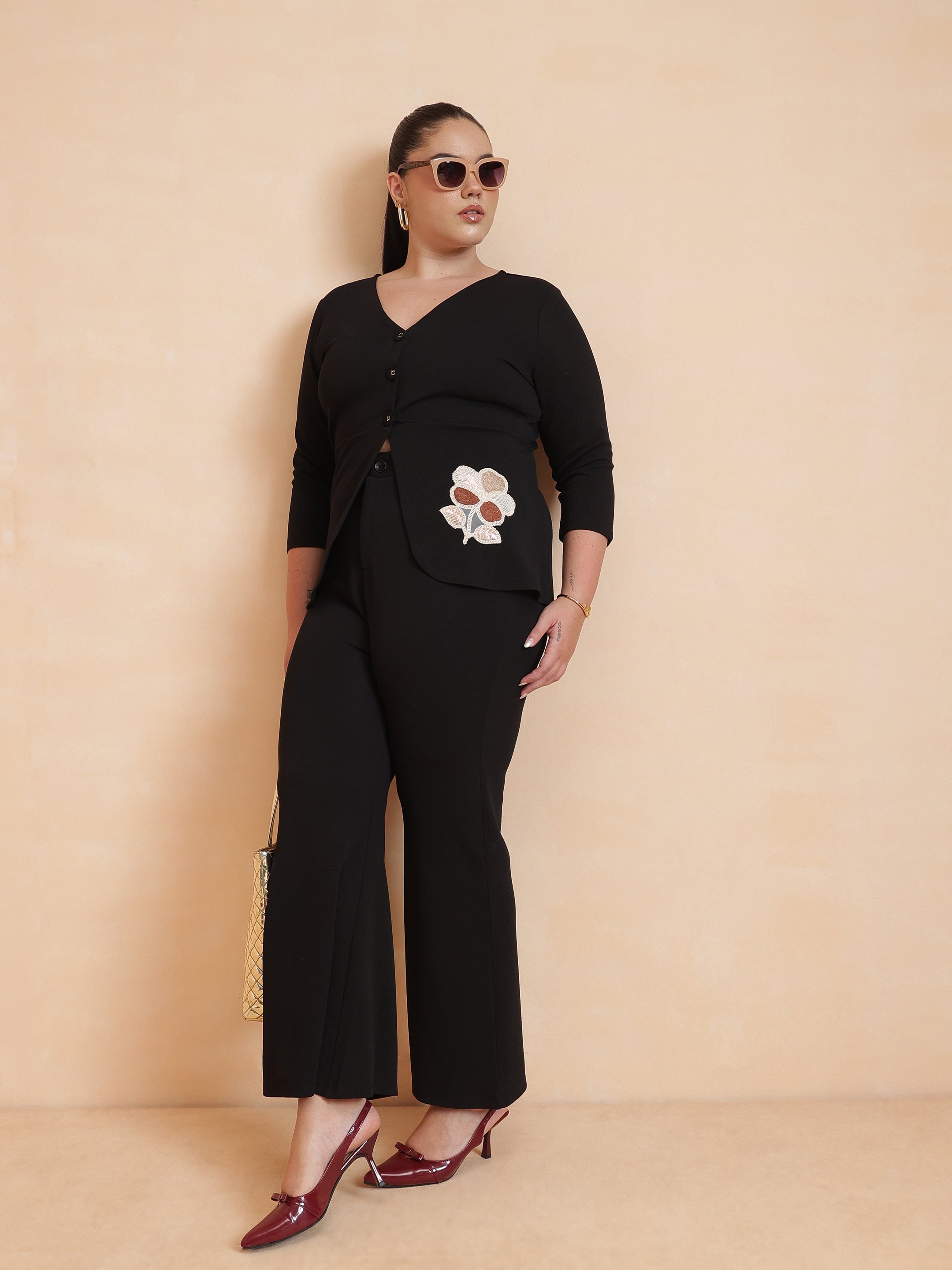 Women Black Front Button Top With Pants