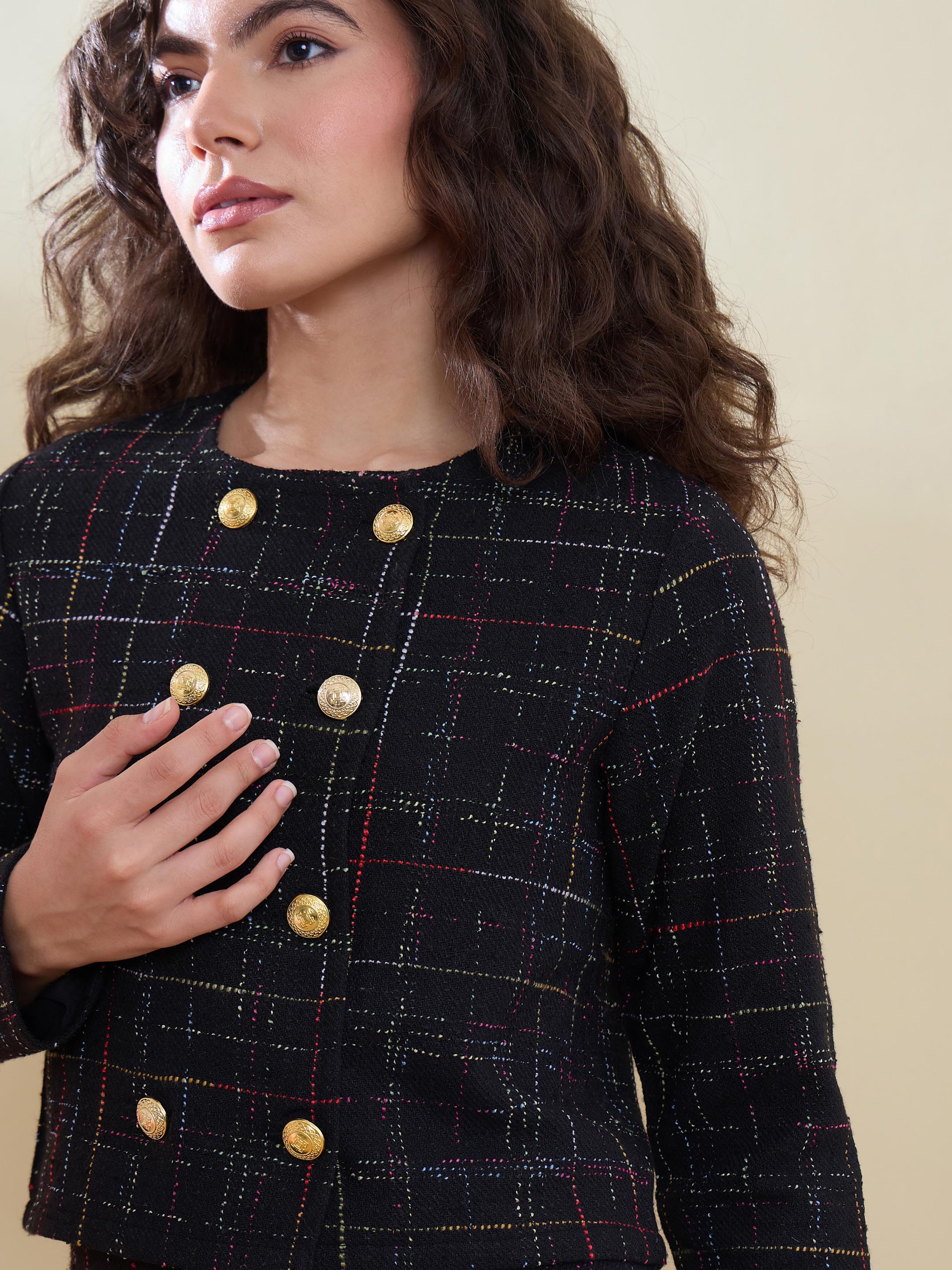 Women Black Tweed Double Breasted Crop Blazer With Mini Skirt