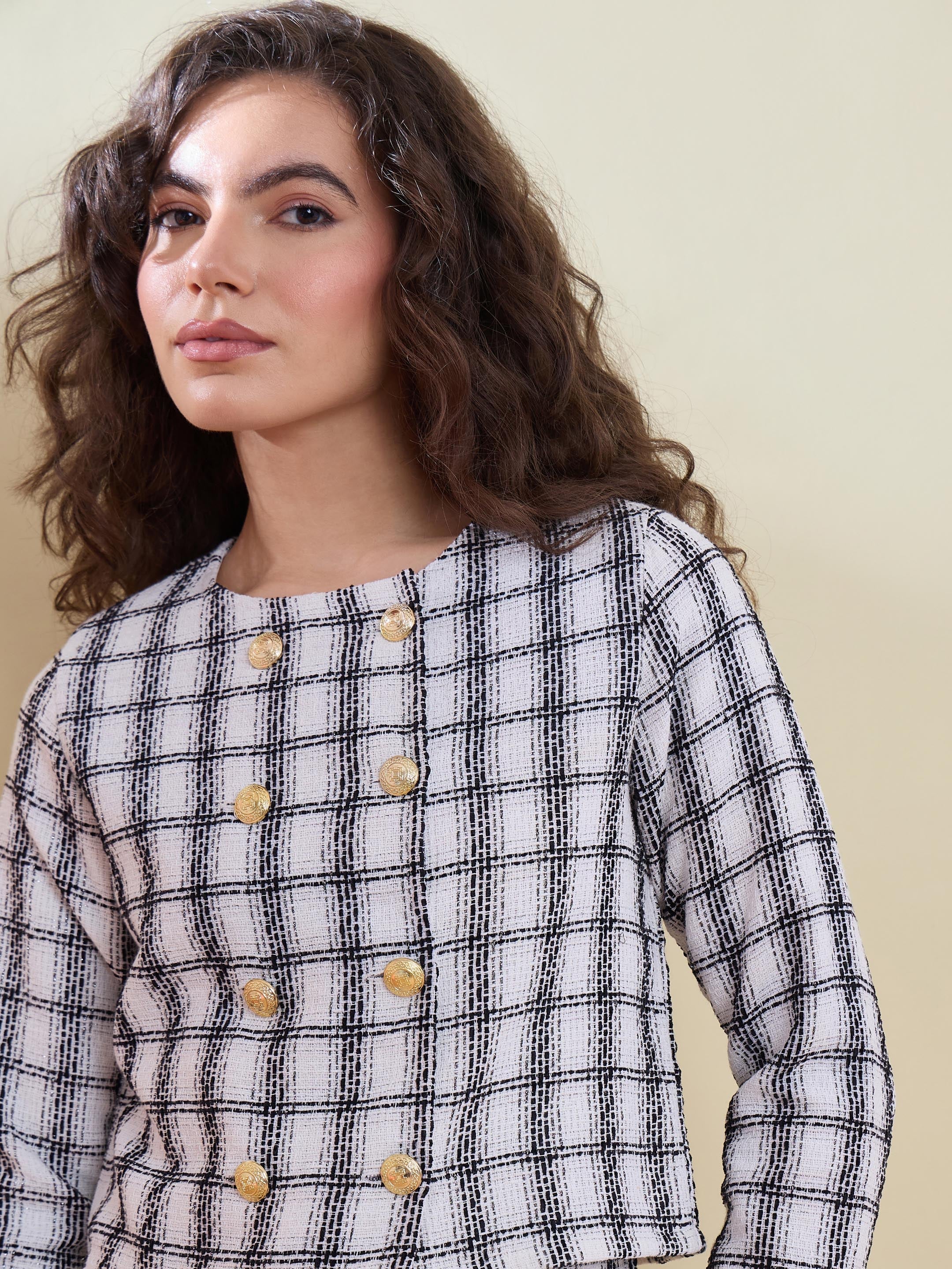 Women White & Black Tweed Double Breasted Crop Blazer With Mini Skirt