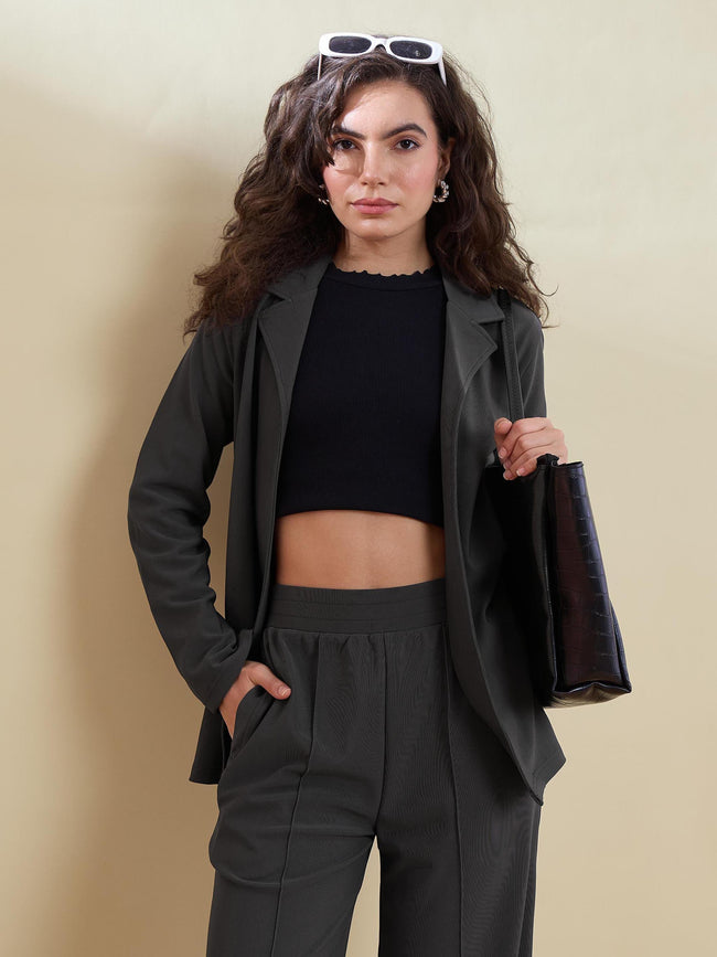 Women Grey Notch Collar Front Open Blazer With Pants
