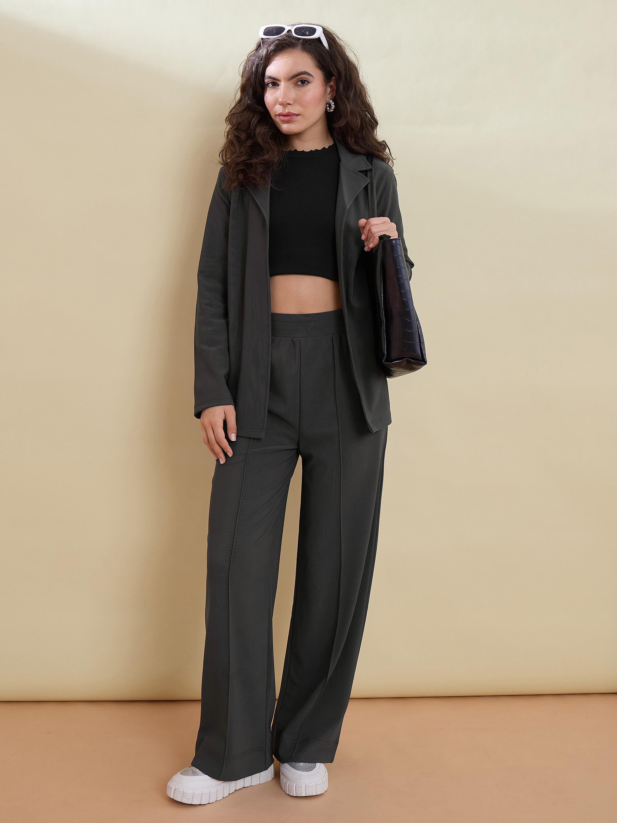 Women Grey Notch Collar Front Open Blazer With Pants