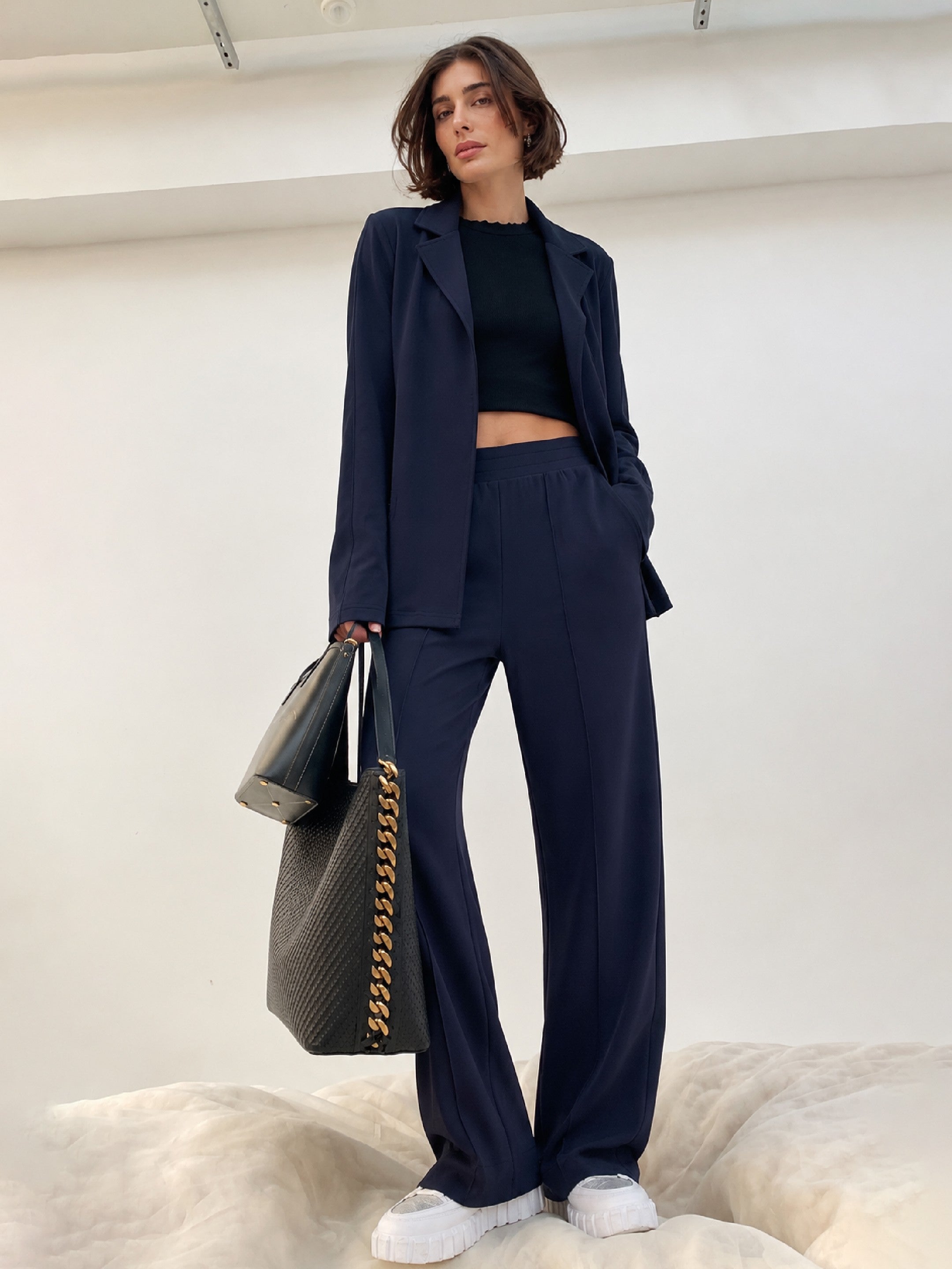 Women Navy Notch Collar Front Open Blazer With Pants