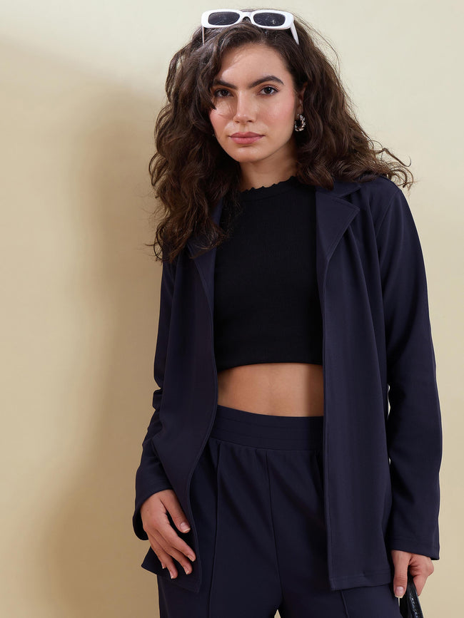Women Navy Notch Collar Front Open Blazer With Pants