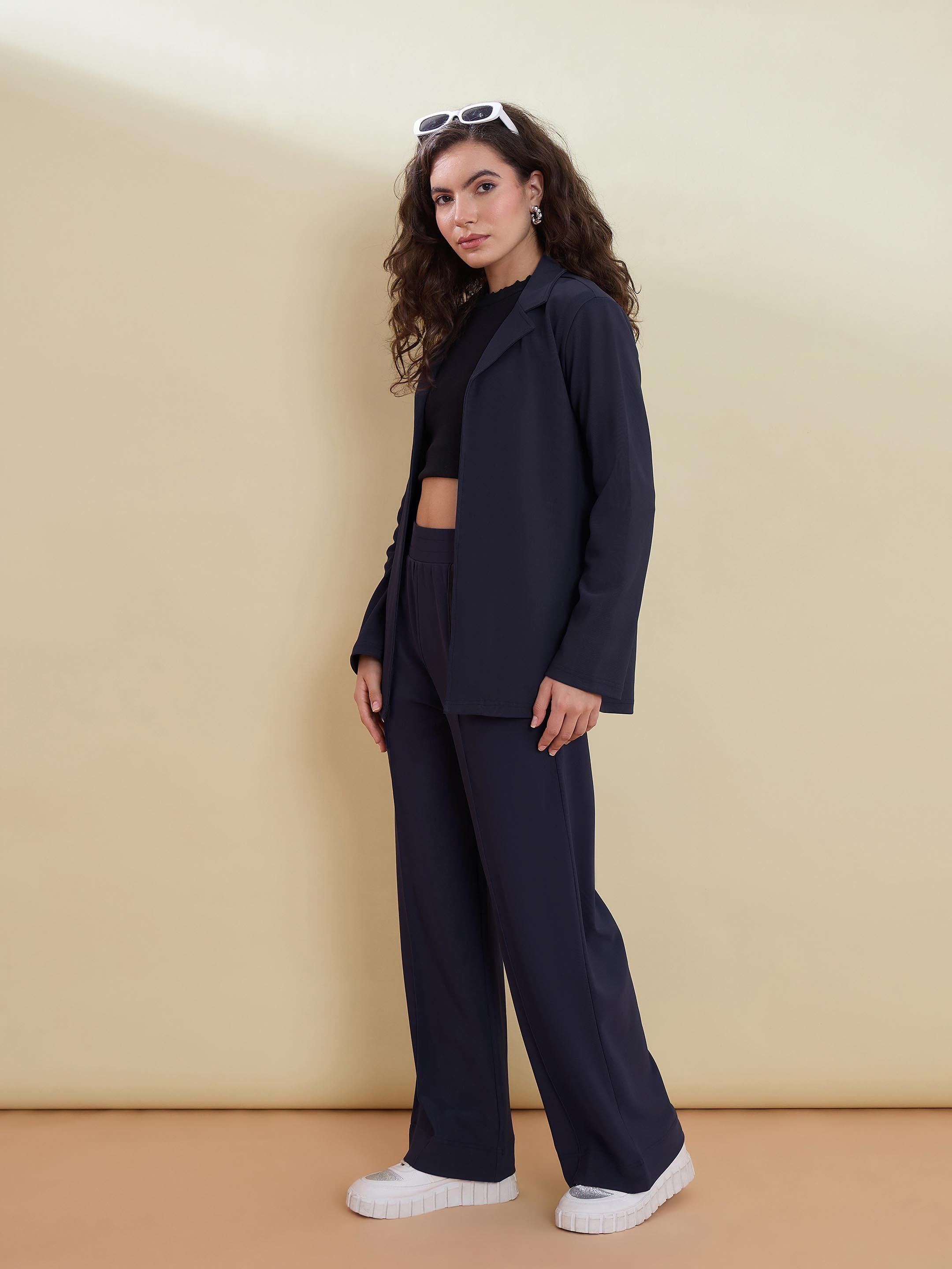 Women Navy Notch Collar Front Open Blazer With Pants
